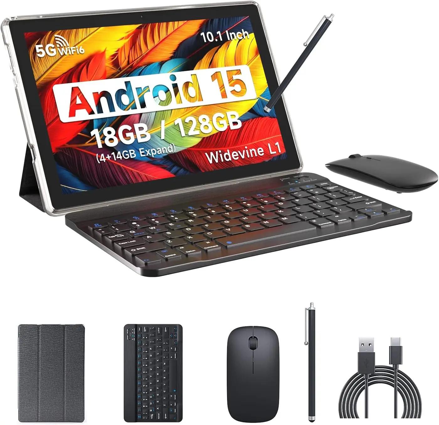 IWEGGO Android 15 Tablet, 10 Inch 18GB RAM+128GB ROM/ 2TB Expandable Tablet, 2.0GHz Quad-core Processor, 1280*800 HD Touch Screen, 5G WiFi6 BT 5.0, 2 in 1 Tablets with Keyboard Case Mouse Stylus Black