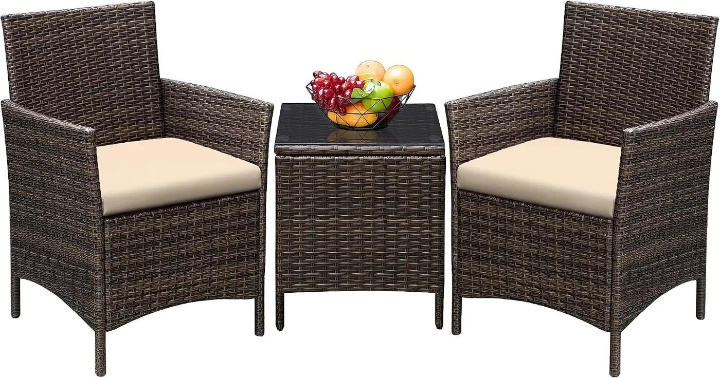 Greesum 3 Pieces Patio Furniture Sets Outdoor PE Rattan Wicker Chairs with Soft Cushion and Glass Coffee Table for Garden Backyard Porch Poolside, Brown and Beige