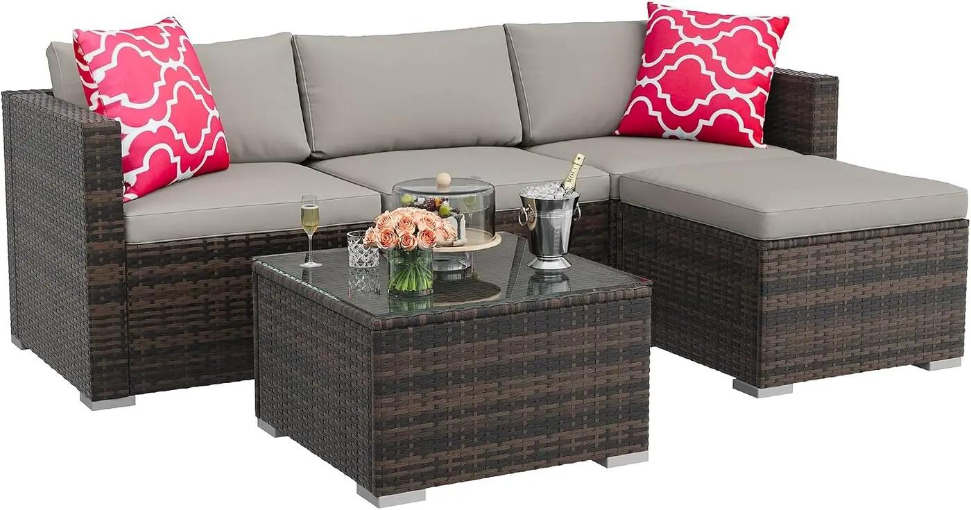 GAOMON 5-Piece All-Weather Patio Furniture Set, Convertible Outdoor Sectional Sofa with Ottoman &amp; Tempered Glass Table, PE Rattan Conversation Set for Garden, Backyard, Porch, Poolside