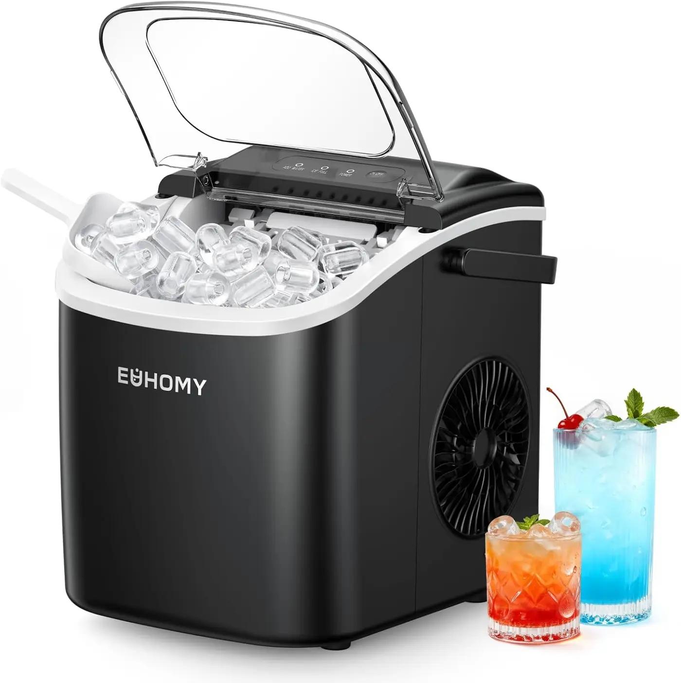 EUHOMY Countertop Ice Maker Machine with Handle, 26lbs in 24Hrs, 9 Ice Cubes Ready in 6 Mins, Auto-Cleaning Portable Ice Maker with Basket and Scoop, for Home/Kitchen/Camping/RV. (Black) ISCC PLUS