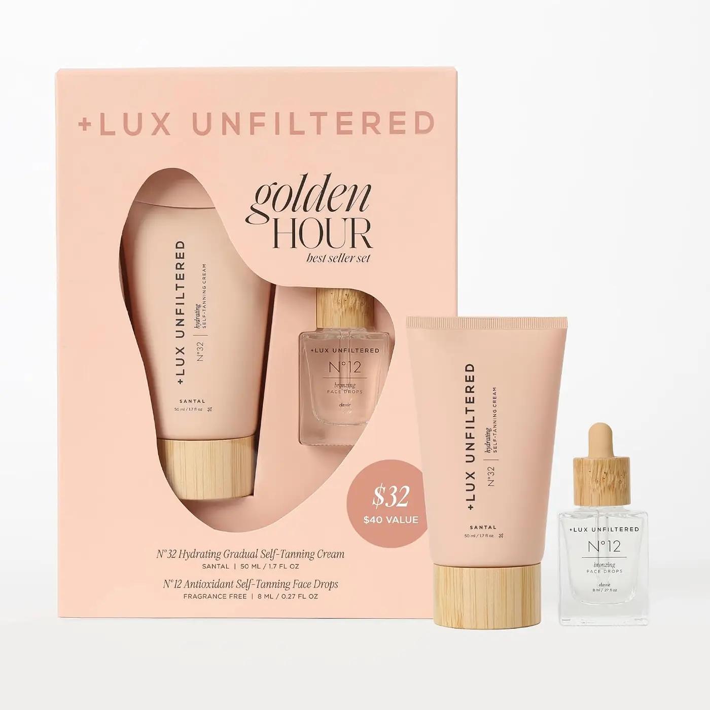+ Lux Unfiltered Mini Golden Hour Set - Includes Best Sellers N°32 Gradual Self Tanner Santal 1.7 fl oz &amp; N°12 Face Tanning Drops 0.27 fl oz - Trial Size Self Tanner - Vegan &amp; Cruelty Free