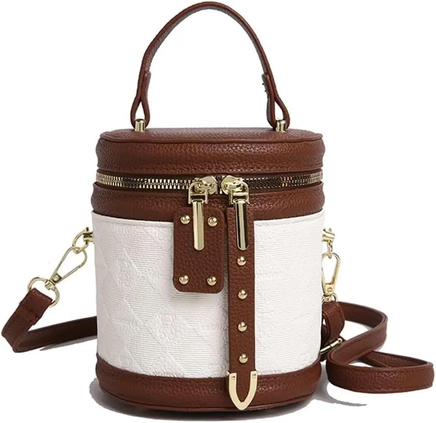 SYHTBYOH Mini Bucket Crossbody Bags for Women Vegan Leather Small Round Shoulder Round Handle Handbag Purses