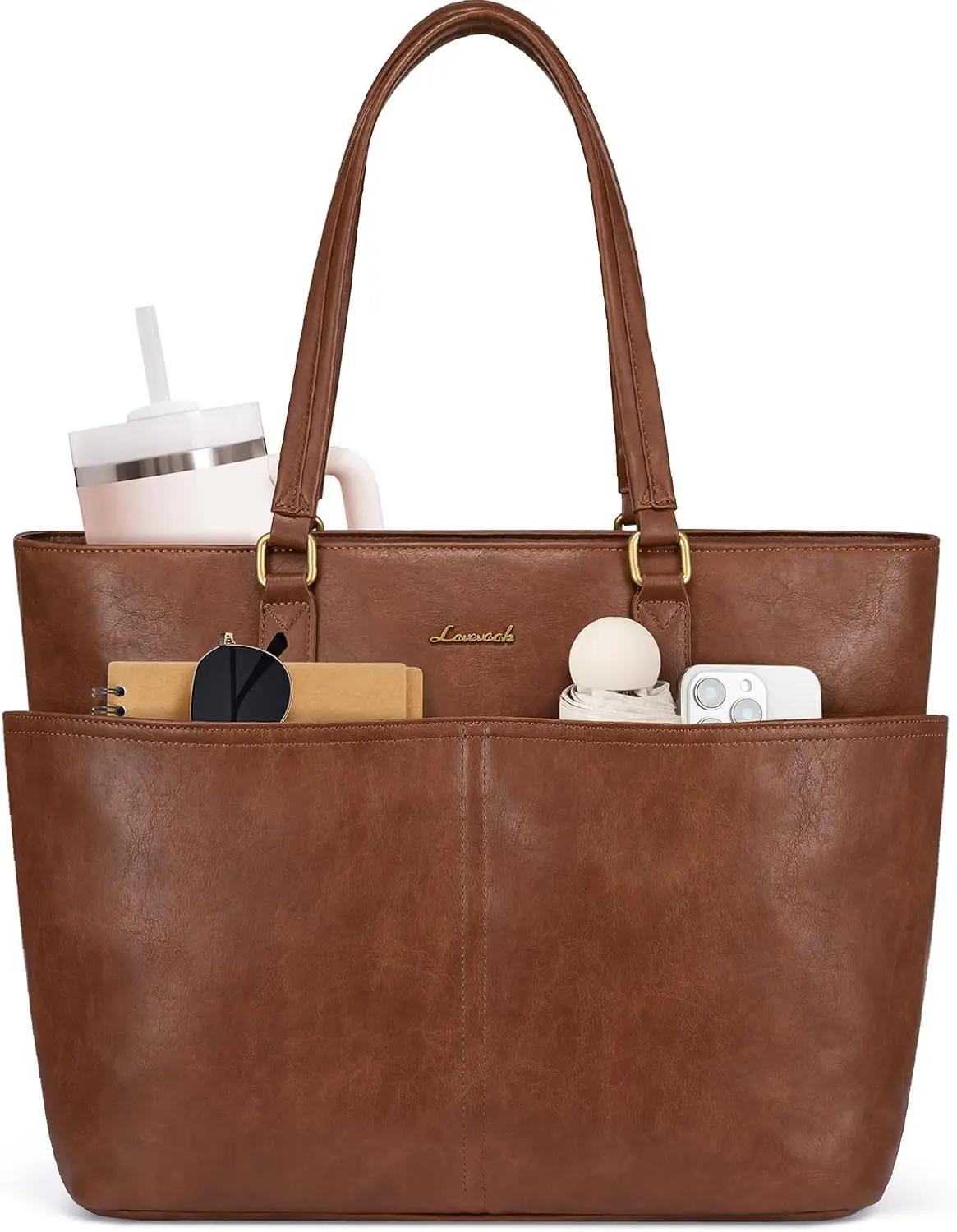 LOVEVOOK LOVEVOOK 15.6 Inch Laptop Bag for Women, Vintage Leather Work Tote Bags with Large Cup Holder, Teacher Nurse Medical Professional Computer Bag, Office Briefcase Handbag Gift