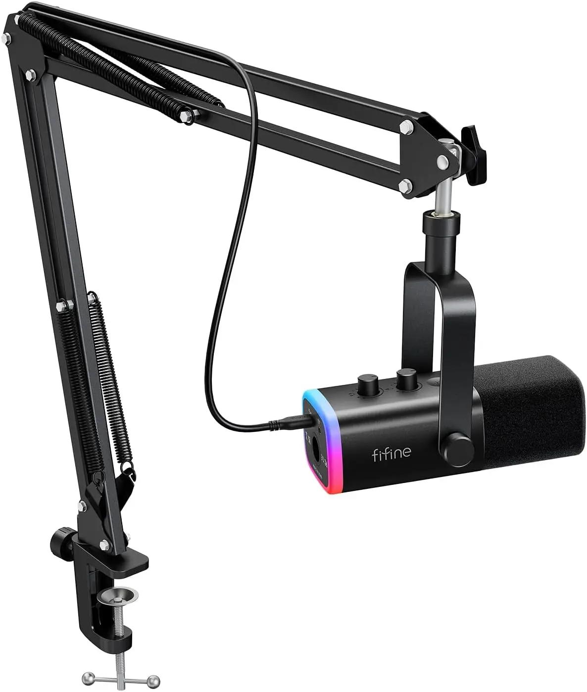 FIFINE XLR/USB Gaming Microphone Set, Dynamic PC Mic for Streaming Podcasting, Computer RGB Mic Kit with Boom Arm Stand, Mute Button, Headphones Jack, for Recording Vocal Voice-Over-AmpliGame AM8T Global Recycled Standard
