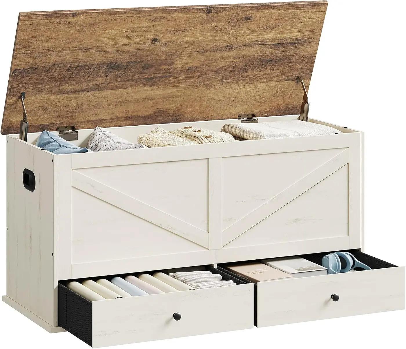 VASAGLE Storage Chest, Storage Bench with 2 Fabric Drawers, Farmhouse Style, for Entryway, Bedroom, Living Room, 15.7 x 39.4 x 19.9 Inches, Rustic White and Honey Brown ULSB043W02