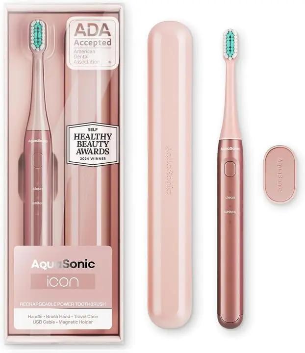 Aquasonic Aquasonic Icon ADA-Accepted Rechargeable Toothbrush | Magnetic Holder &amp; Slim Travel Case | 2 Brushing Modes &amp; Smart Timers | Gentle Micro-Vibrations (Blush) Global Recycled Standard