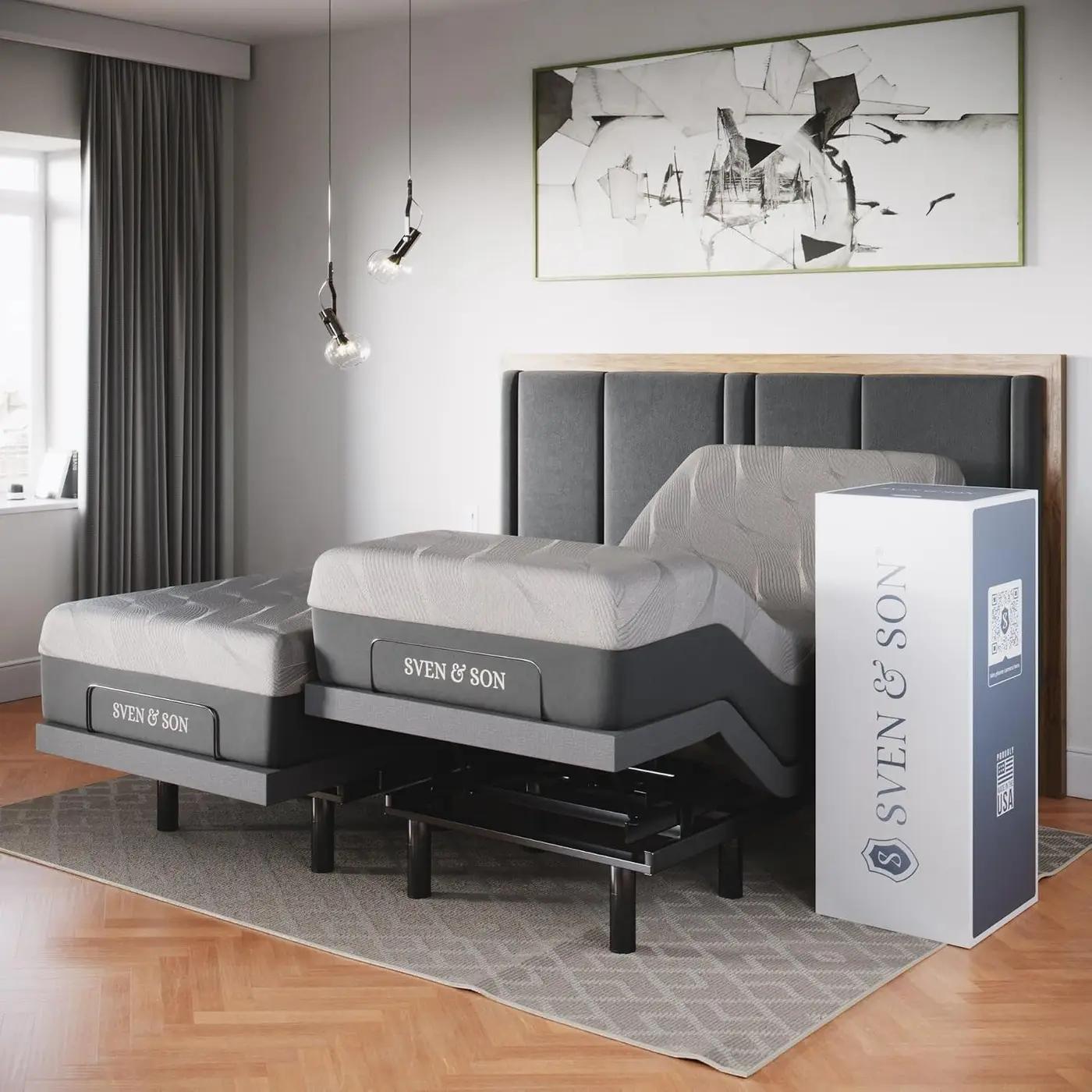 Sven &amp; Son Classic Adjustable Bed Base, Head and Foot Lift, Massage, Under-Bed Lights, USB, Gel Memory, Zero Gravity Smart Frame - Split King + 14 inch Hybrid Spring Matt (Medium Soft)