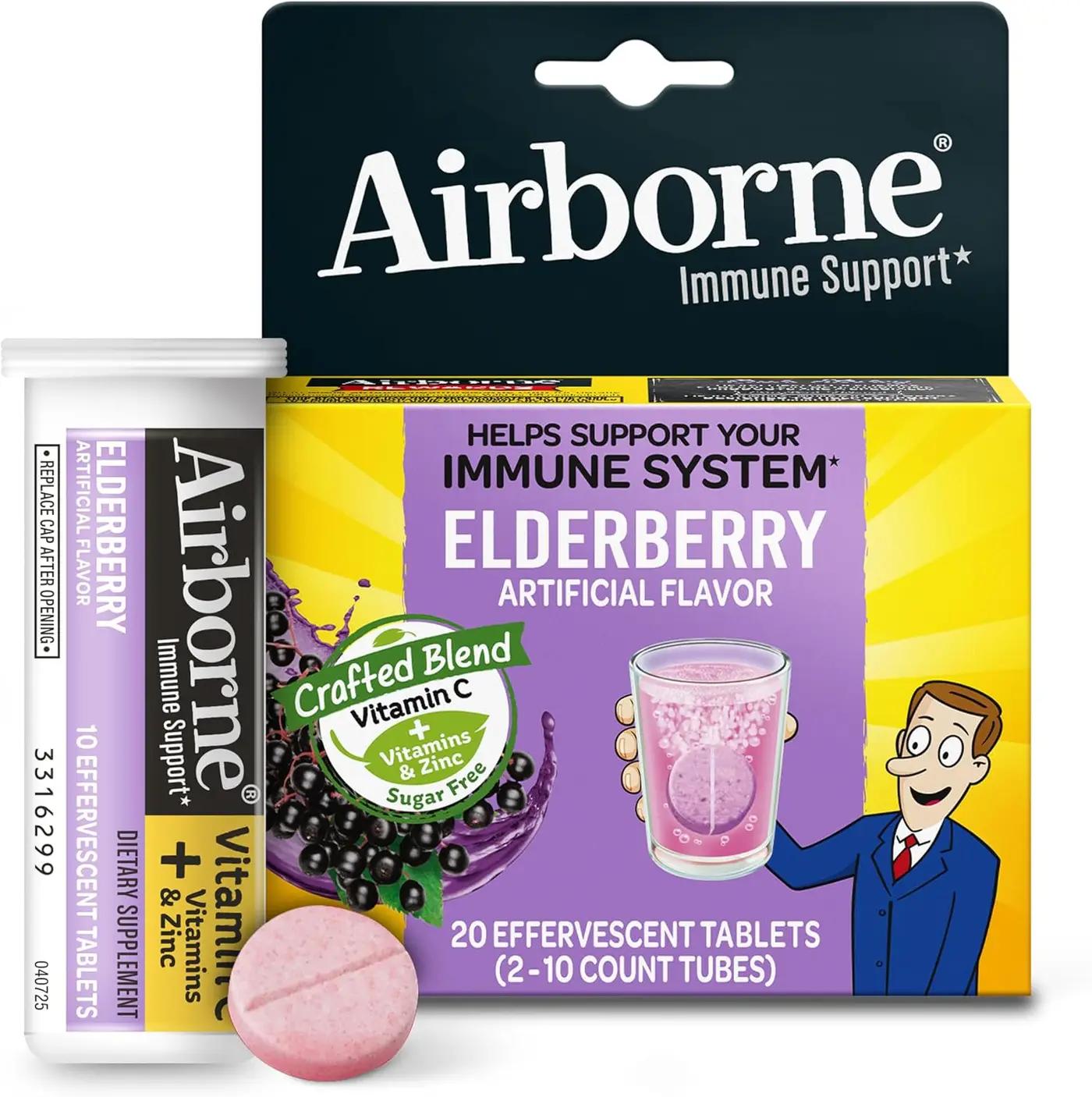 Airborne Elderberry + Zinc &amp; Vitamin C Effervescent Tablets, Immune Support Supplement With Powerful Antioxidant Vitamins A C E, 20 Fizzy Drink Tablets, Elderberry Flavor
