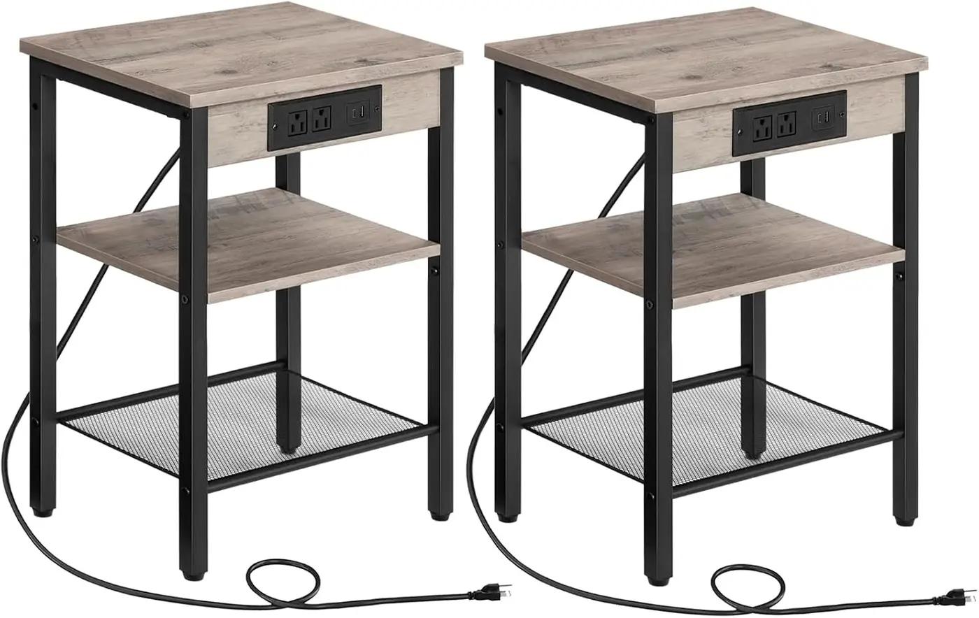HOOBRO Side Tables Set of 2 with Charging Station and USB Port, Small End Tables for Small Space, 3-Tier Nightstands with Adjustable Shelf, for Living Room, Bedroom, Greige BG112BZP201