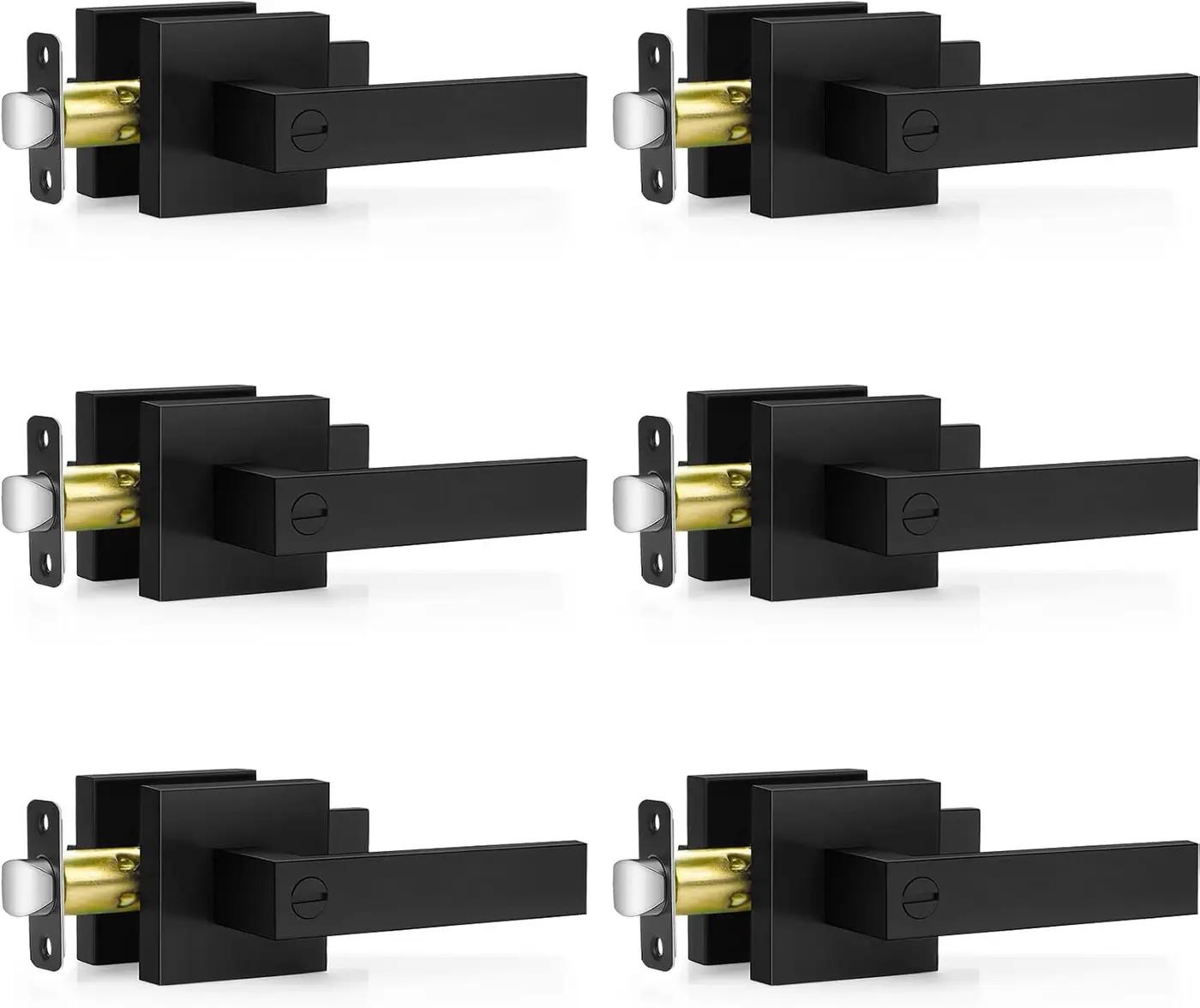 Plustool 6 Pack Matte Black Door Handles Interior, Keyless Interior Door Knobs, Privacy Door Locks for Bedroom Bathroom, Heavy Duty Square Door Lever Locksets, Reversible for Left&amp;Right Handled Doors