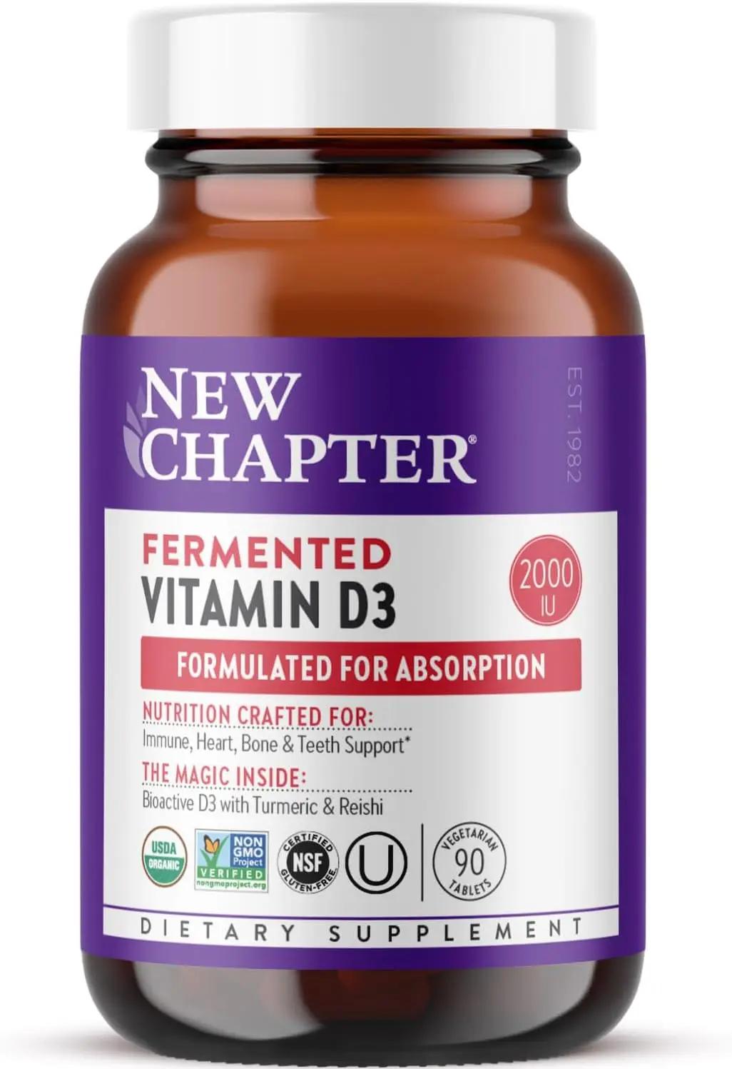 New Chapter Fermented Vitamin D3 2,000 IU, Organic, ONE Daily for Immune, Heart &amp; Bone Support + Whole-Food Turmeric, Adaptogenic Reishi Mushroom, 100% Vegetarian, Gluten Free, 90 Count USDA Organic