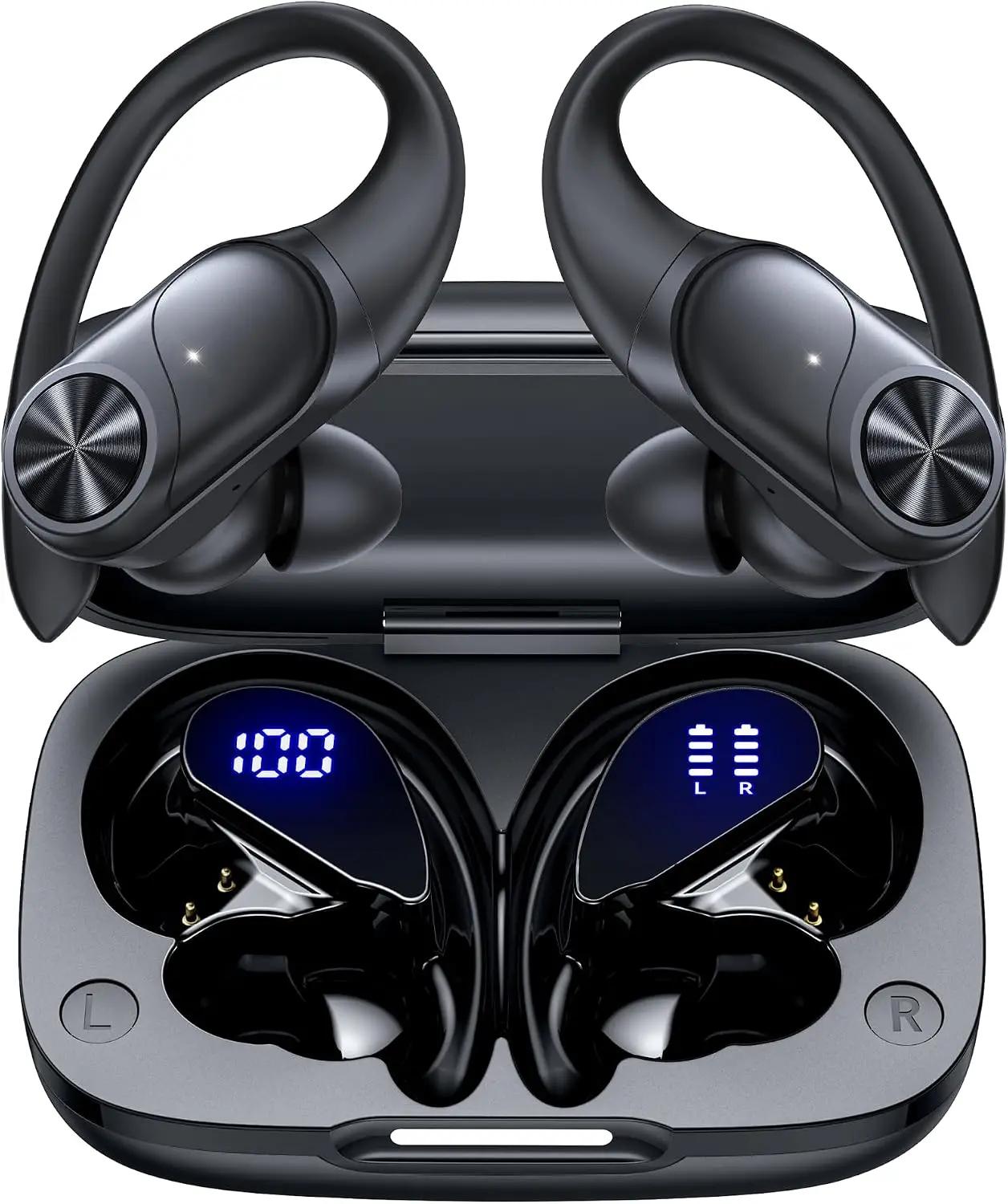 PocBuds Bluetooth Headphones Wireless Earbuds 80hrs Playtime Wireless Charging Case Digital Display Sports Ear Buds with Earhook Deep Bass IPX7 Waterproof Over-Ear Earphones for TV Phone Laptop Black Global Recycled Standard ClimatePartner certified