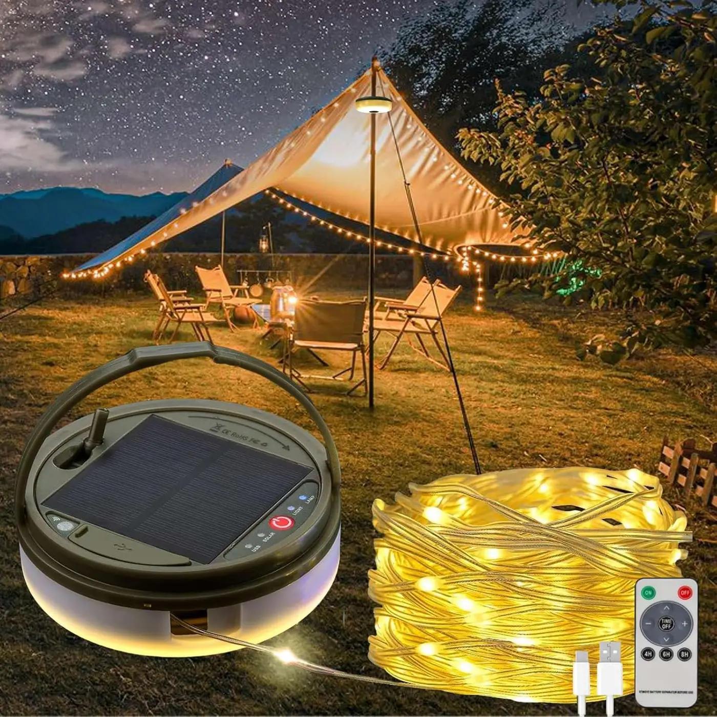 Solar Camping String Lights, 39.4 FT Fairy String Light, 4 in 1 Portable Waterproof Camp LED Lamp with 8 Lighting Modes, Hanging Rechargeable Tent Lantern for Outdoor Garden Patio Party Essentials Global Recycled Standard