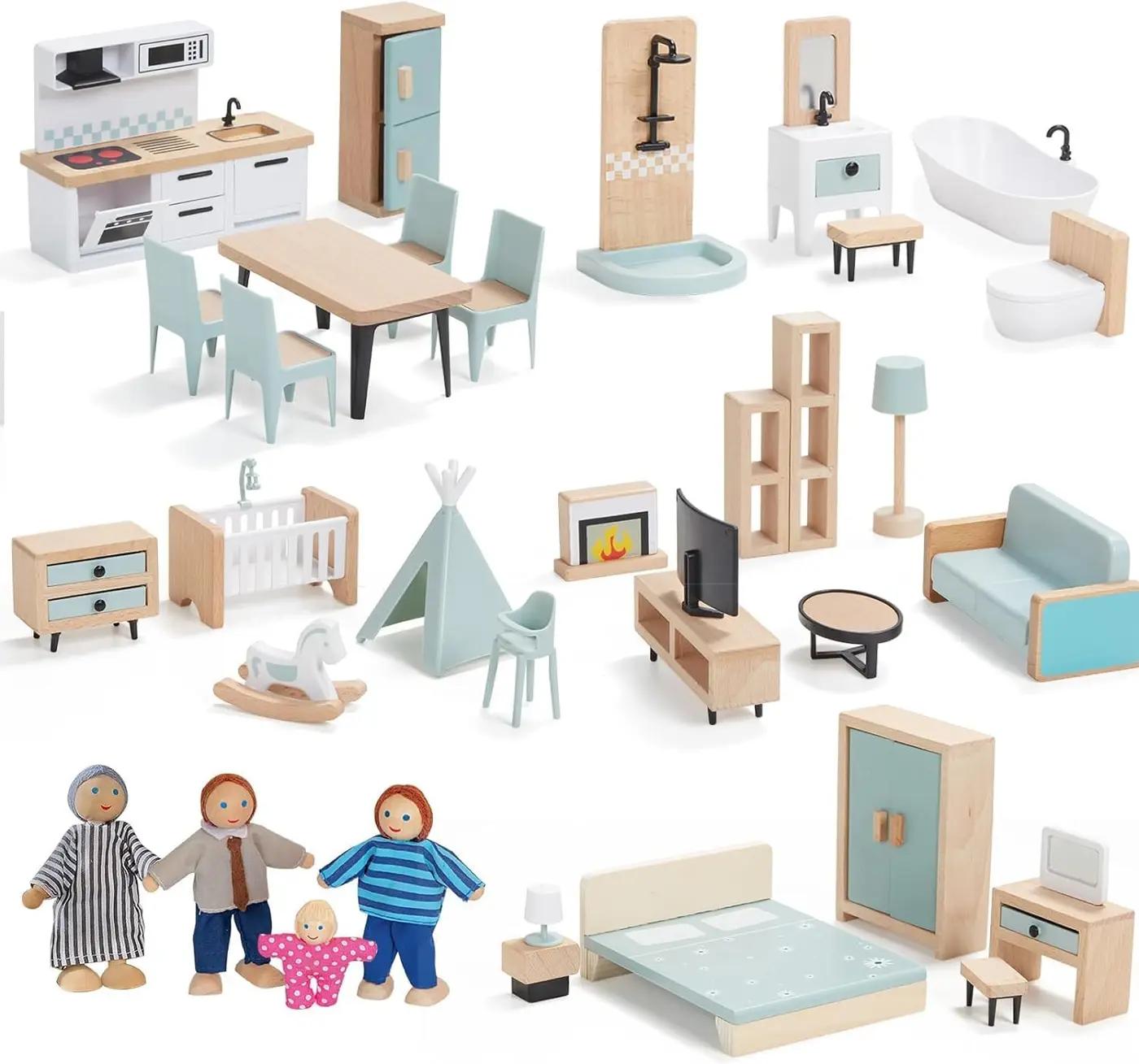 Giant bean 36pcs Wooden Dollhouse Furniture Set 5 Rooms 4 Family Dolls, Wood and Plastic Blue Dollhouse Accessories, Pretend Play Furniture Toys Christmas Birthday Gift for Boys Girls Kids Toddlers 3+ The Forest Stewardship Council