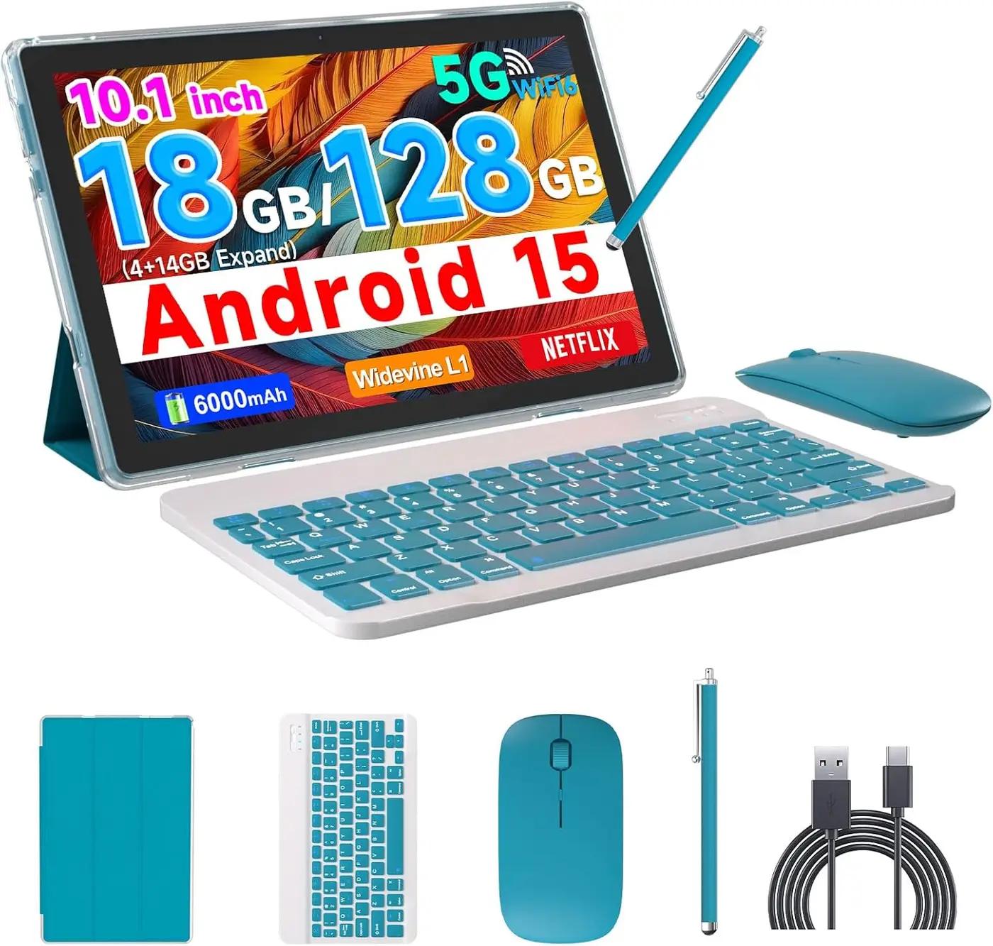 COOPERS Tablet Android 15, 10 inch Tablet 18GB RAM+128GB ROM 2TB Expandable, 2.0Ghz Quad-core Processor, 5G WiFi6 BT 5.0, Dual Cameras, 2 in 1 Tablets with Keyboard Case Mouse Stylus, Widevine L1 Blue