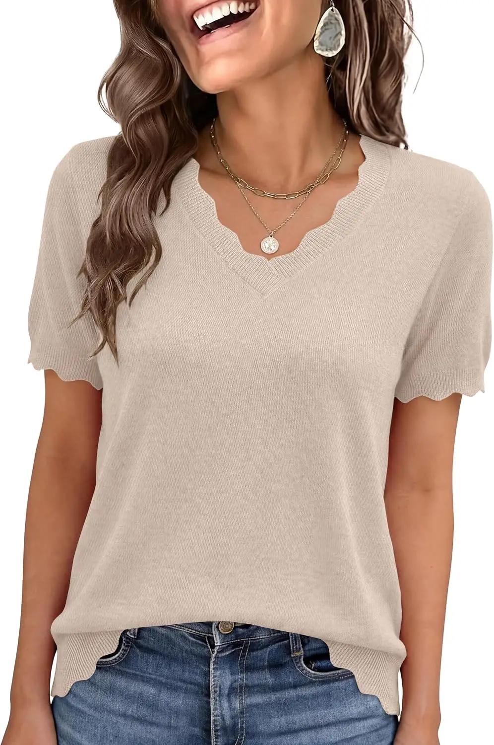 ANRABESS Short Sleeve Sweater for Women V Neck Ribbed Knit Lightweight Sweaters Top 2026 Summer Business Casual Outfits