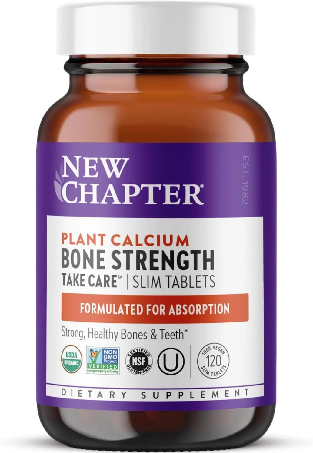 New Chapter Calcium Supplement - Bone Strength Plant-Based USDA Organic Calcium with Magnesium, Vitamin D3+K2, for Bone Health &amp; Joint Mobility, Heart Support, 905 mg dose - 120 Slim Tablets USDA Organic