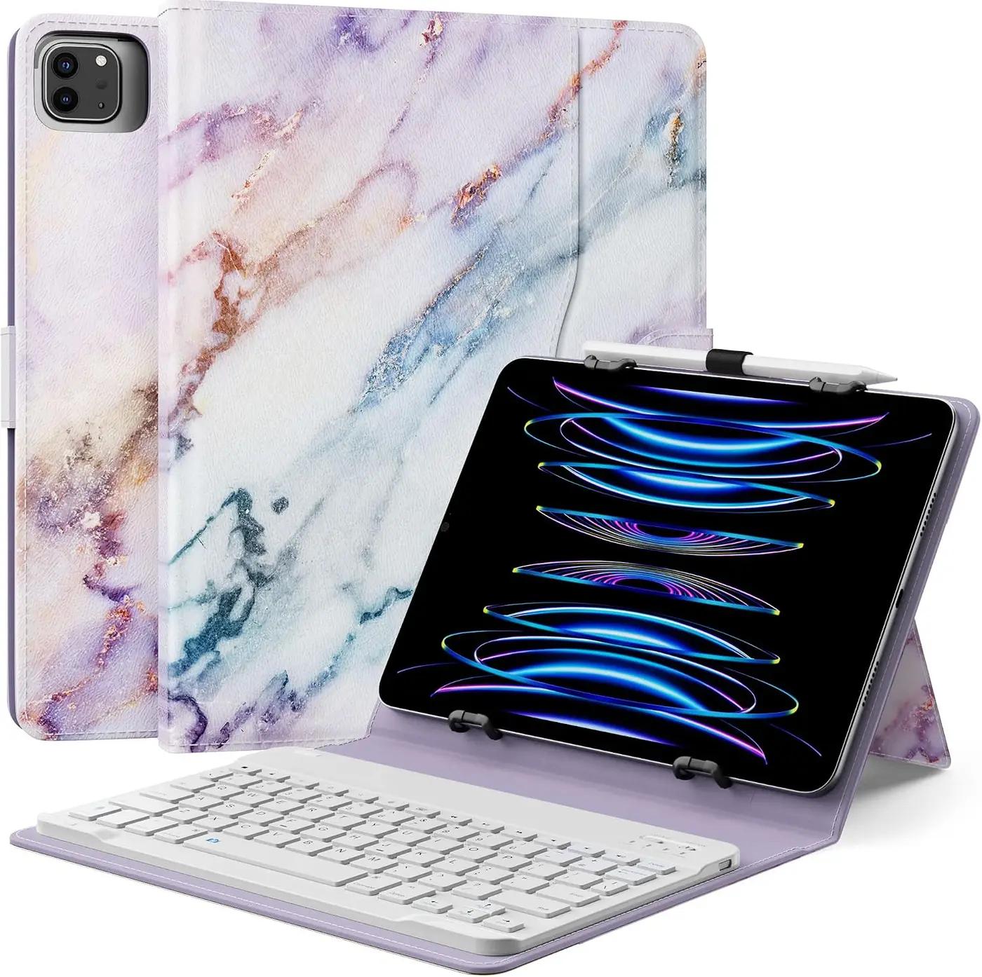 MoKo Universal Tablet Case with QWERTY Keyboard for 9",9.7",10.1",10.2",10.4",10.5",10.9",11" Tablets, with Removable Wireless Bluetooth Keyboard&amp;Pen Holder for iPad Samsung Fire Pixel, Purple Marble