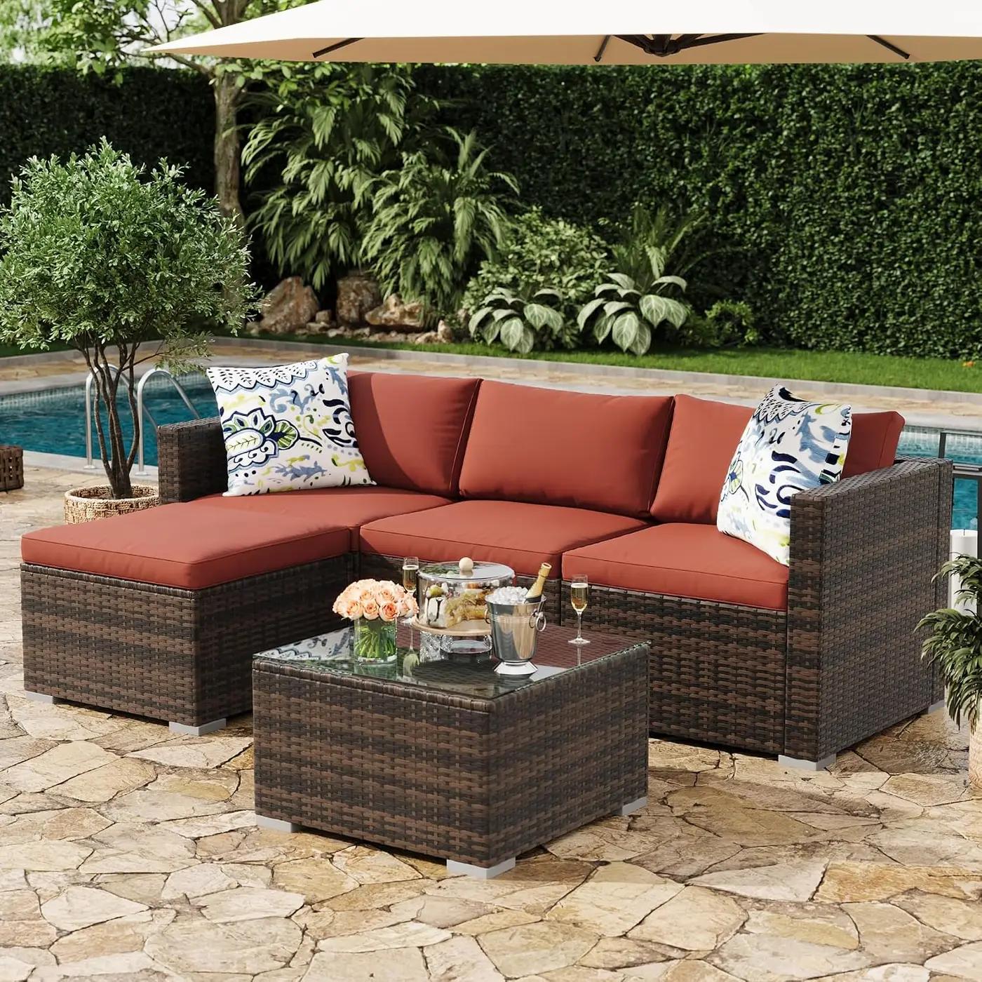5-Piece Outdoor Sectional Sofa Set, All-Weather PE Rattan Patio Furniture with Ottoman &amp; Tempered Glass Table, Convertible Garden Couch for Backyard, Porch, Poolside (Brown/Wine Red)