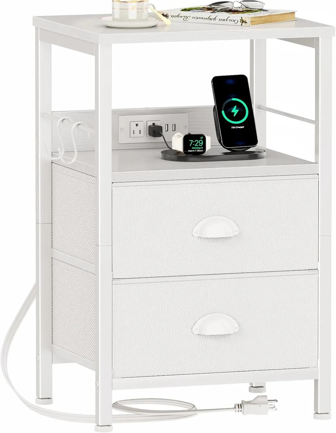 Furologee End Table with Charging Station, Nightstand with Fabric Drawers, Side Tables with USB Ports &amp; Outlets, Night Stand with Storage Shelf &amp; Hooks, for Living Room/Bedroom, White