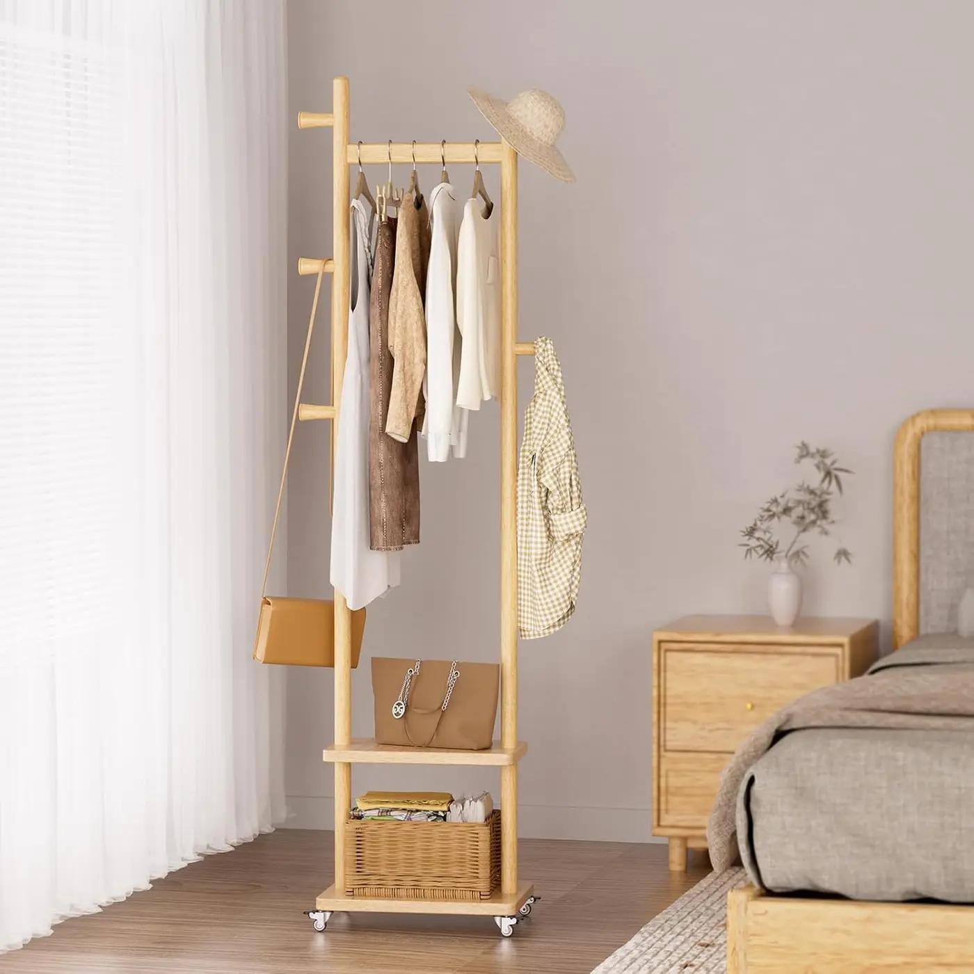 Solid Wood Coat Rack Freestanding Clothing Rack with Wheels &amp; 2 Shelves Storage &amp; 5 Hooks Heavy Duty Clothes Rack Wood Coat Tree Stand Hat Hanger Rack for Corner Bedroom Entryway Living Room Hotel