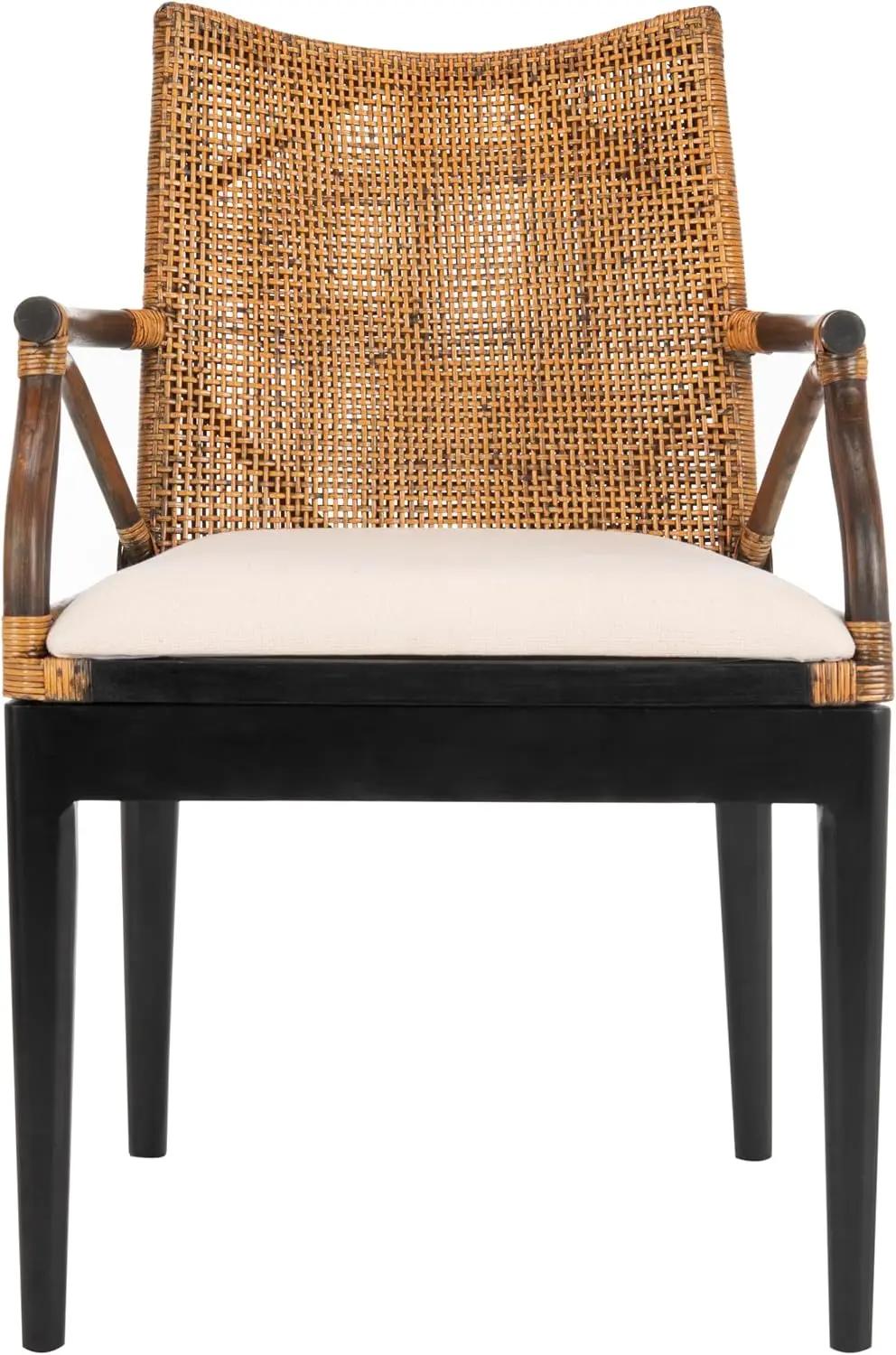SAFAVIEH Home Collection - Gianni Brown &amp; Black Solid Wood Rattan Arm Chair, Tropical Coastal Accent Seating for Living Room or Dining Space (SEA4011A)
