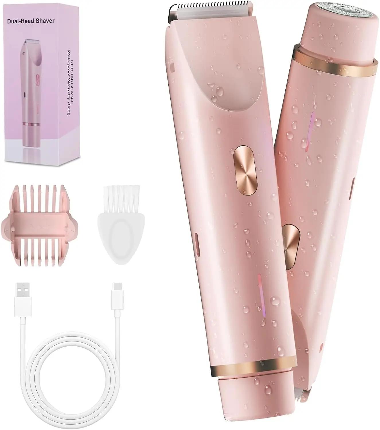 FIONOFY 2-in-1 Bikini Trimmer for Women, Bikini Shaver with Dual Heads, Body and Facial Hair Removal, Rechargeable Cordless Electric Razors for Face Chin Pubic Underarm Legs, IPX7 Waterproof, Pink