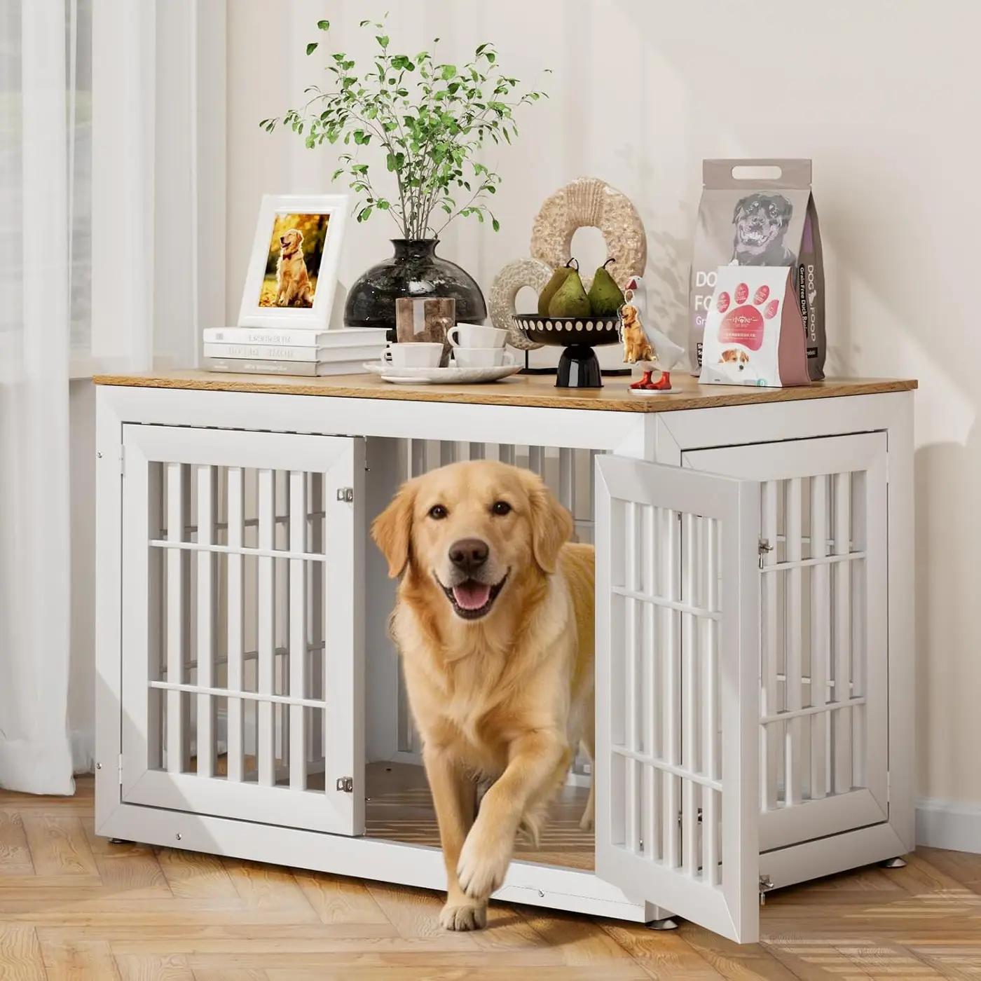 Snuowu 48" Heavy-Duty Dog Crate Furniture for Large Dogs, XXL Wooden Dog Cage Kennel Indoor Furniture, Decorative Pet House End Table, White &amp; Wood Global Recycled Standard