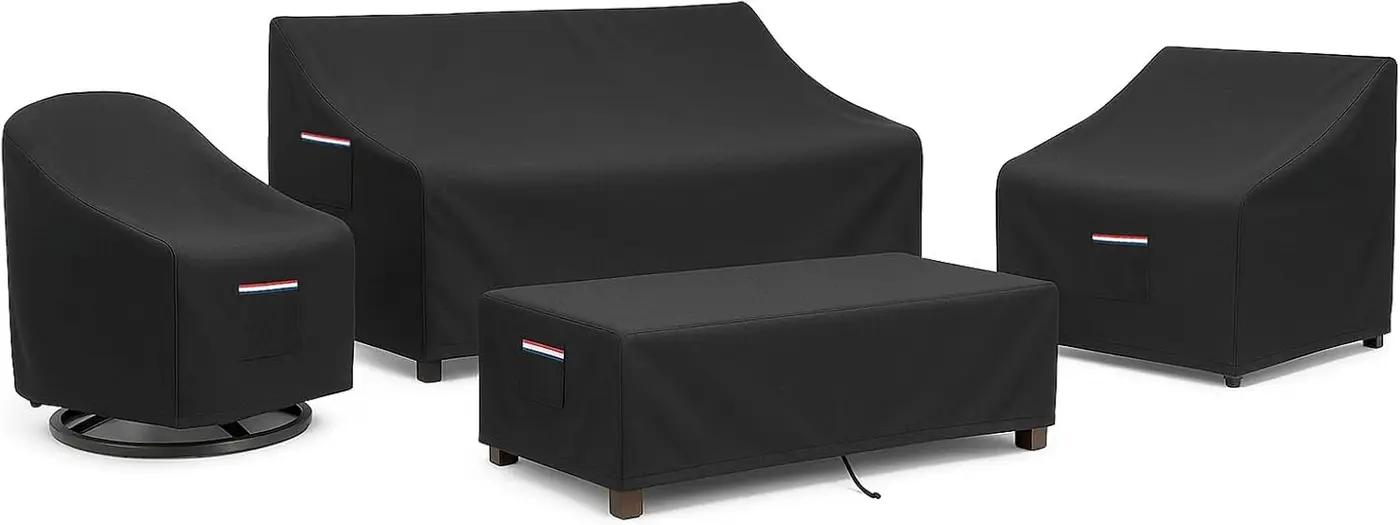 4-Piece Patio Furniture Cover Set, Waterproof Outdoor Furniture Covers for 3-Seater Sofa, Patio Chairs &amp; Coffee Table, Heavy-Duty 600D, Fade&amp;UV-Resistant, Breathable, All-Season Protection, Black