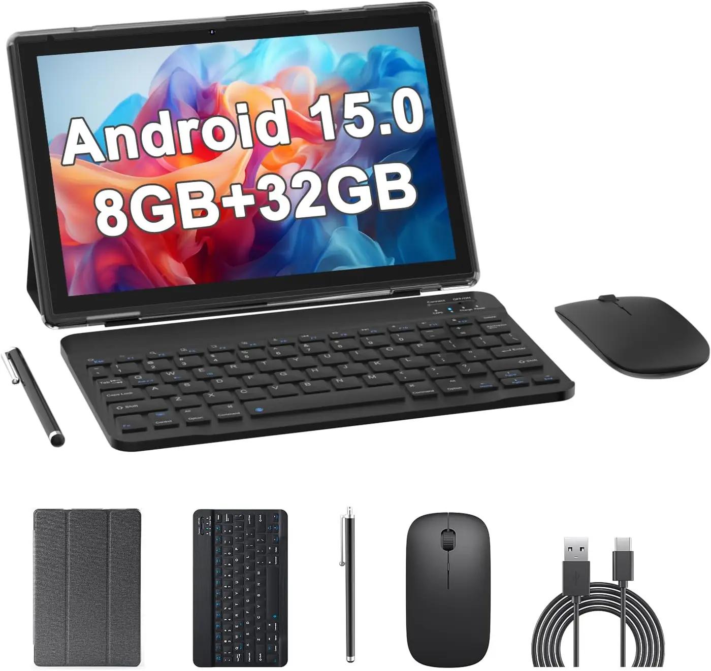 Android 15 Tablets 10 Inch, 2 in 1 Tablet with Keyboard Case, 8GB+32GB ROM/1TB, Quad Core, HD Touch Screen, Dual Carema, Games, Wi-Fi, BT, Google GMS Black