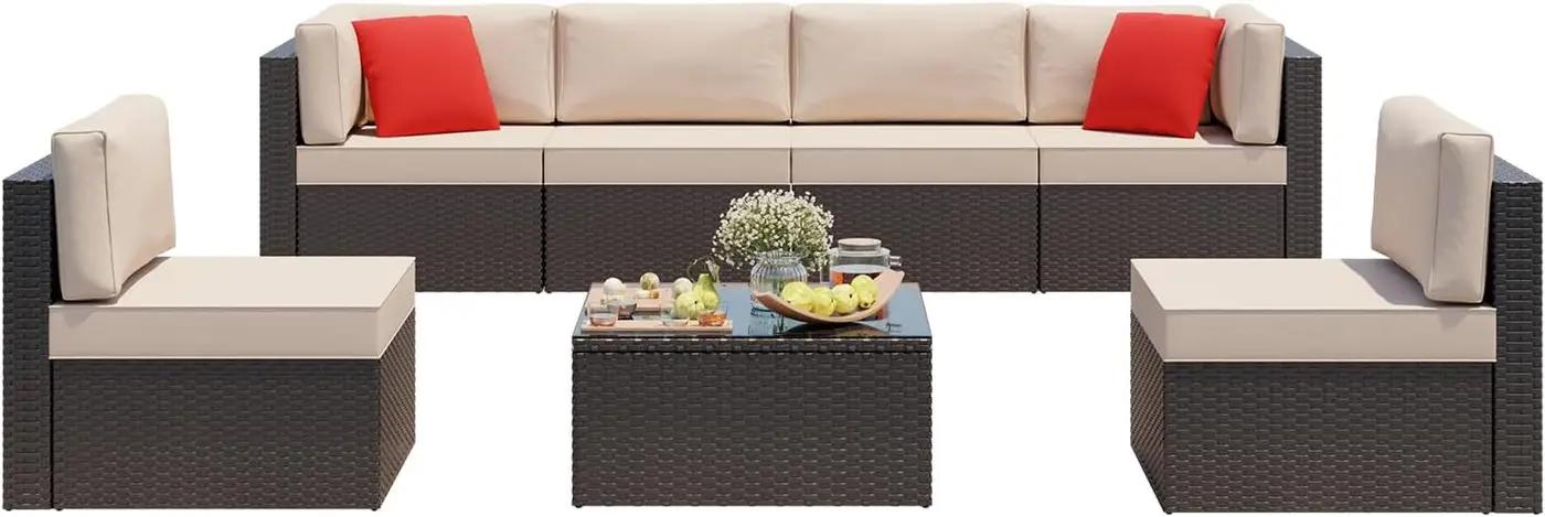 Vongrasig 7 Pieces Patio Furniture Sets, Outdoor Modular Sectional Sofa Patio Conversation Set PE Rattan Wicker Sectional Couch with Cushion, Glass Table for Patio, Garden, Poolside, Beige