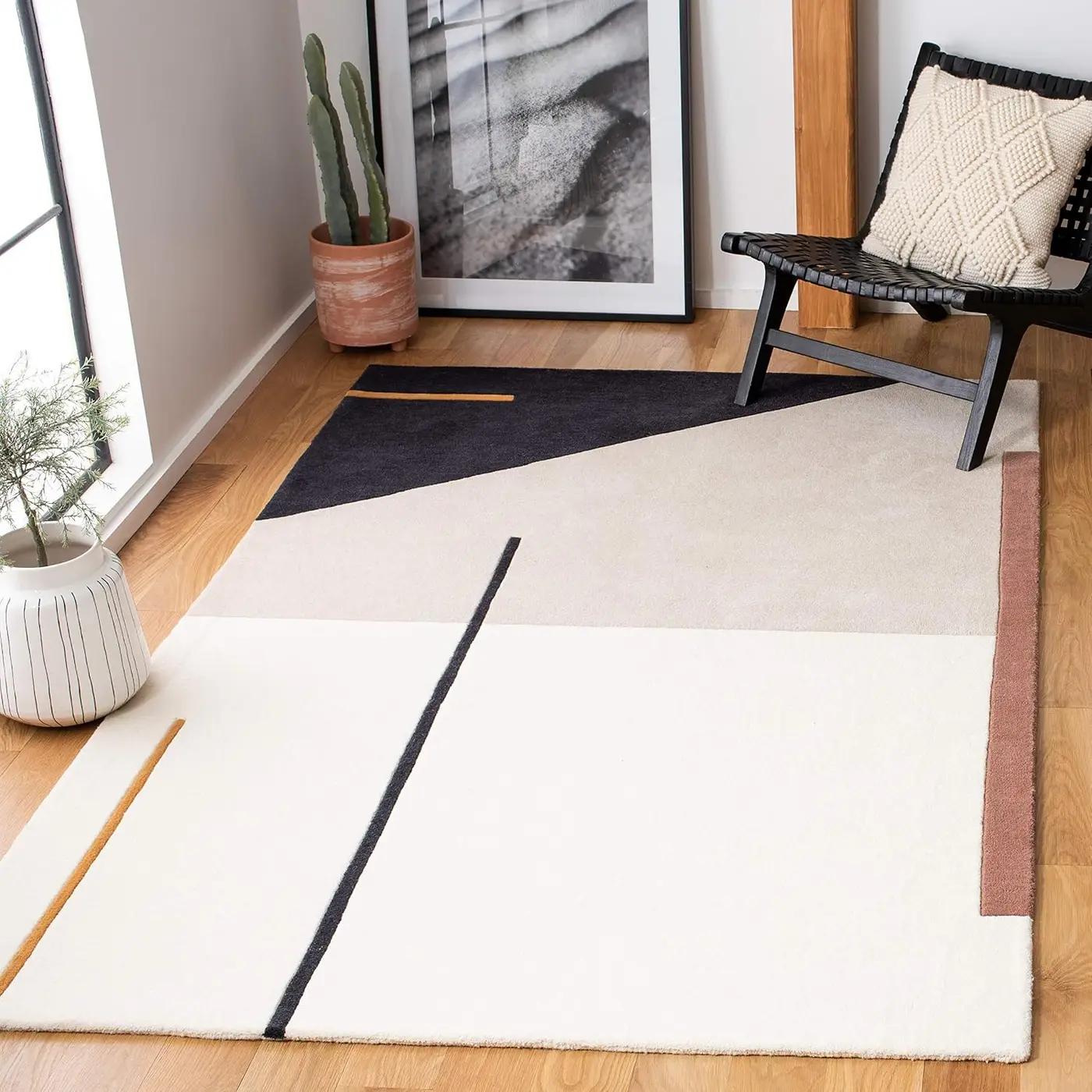 SAFAVIEH Fifth Avenue Collection Area Rug - 5' x 8', Ivory &amp; Black, Handmade Mid-Century Modern Abstract New Zealand Wool, Ideal for High Traffic Areas in Living Room, Bedroom (FTV110A)