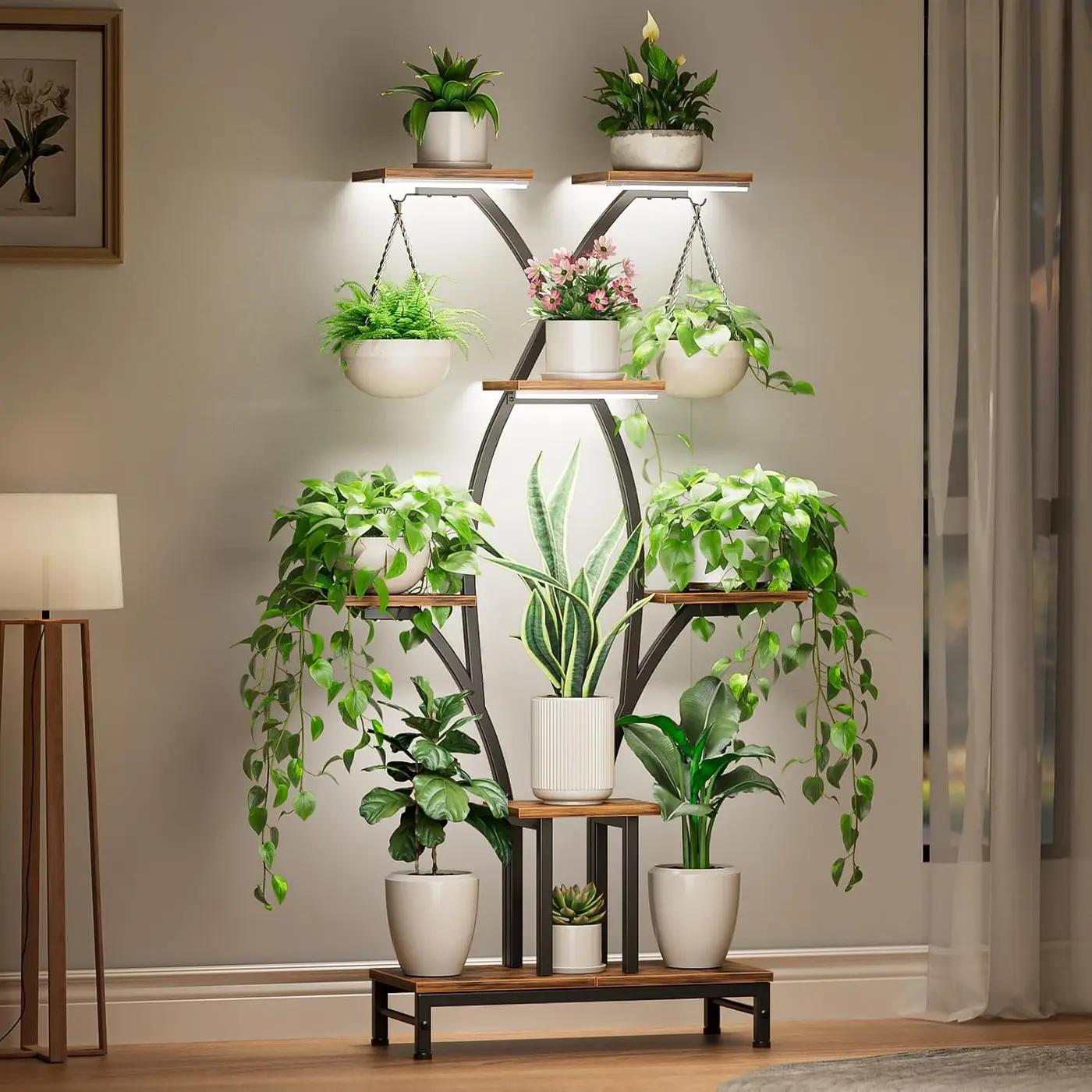 Plant Stand Indoor with Grow Lights - 7 Tiered Metal Corner Shelf for Multiple Plants, 63" Corner Plant Stand for Indoor Plants, X-Shaped Plant Rack for Home, Living Room, Office &amp; Patio Decor