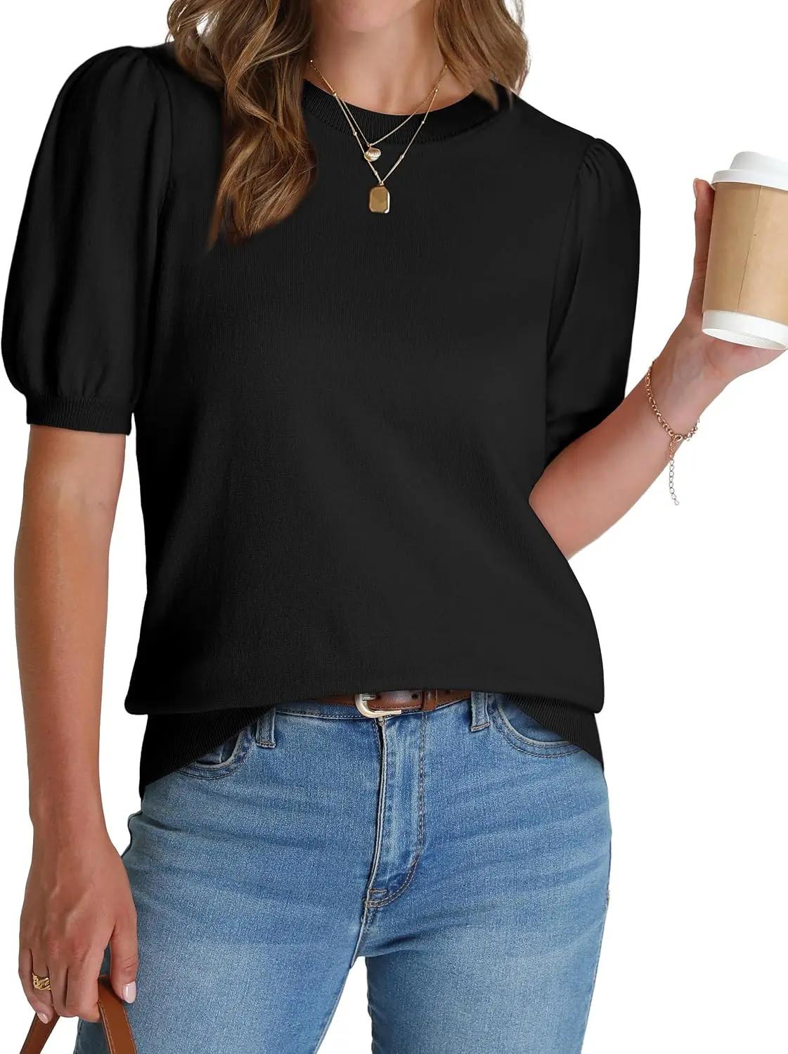 WIHOLL Women's Puff Short Sleeve Sweater 2026 Spring Summer Tops Trendy Business Causal Outfits Work Blouses Clothes OEKO-TEX STANDARD 100