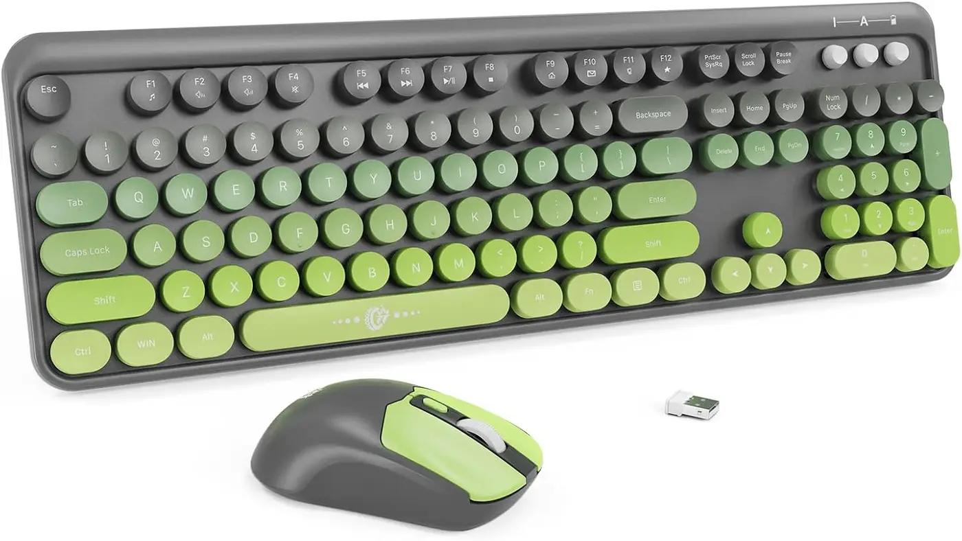 Wireless Keyboard and Mouse Combo, 104 Round Keys Cute Colorful Keyboard and Mouse with Retro Typewriter for PC/Mac/Laptop/Tablet/Computer/Windows Gray Green ClimatePartner certified