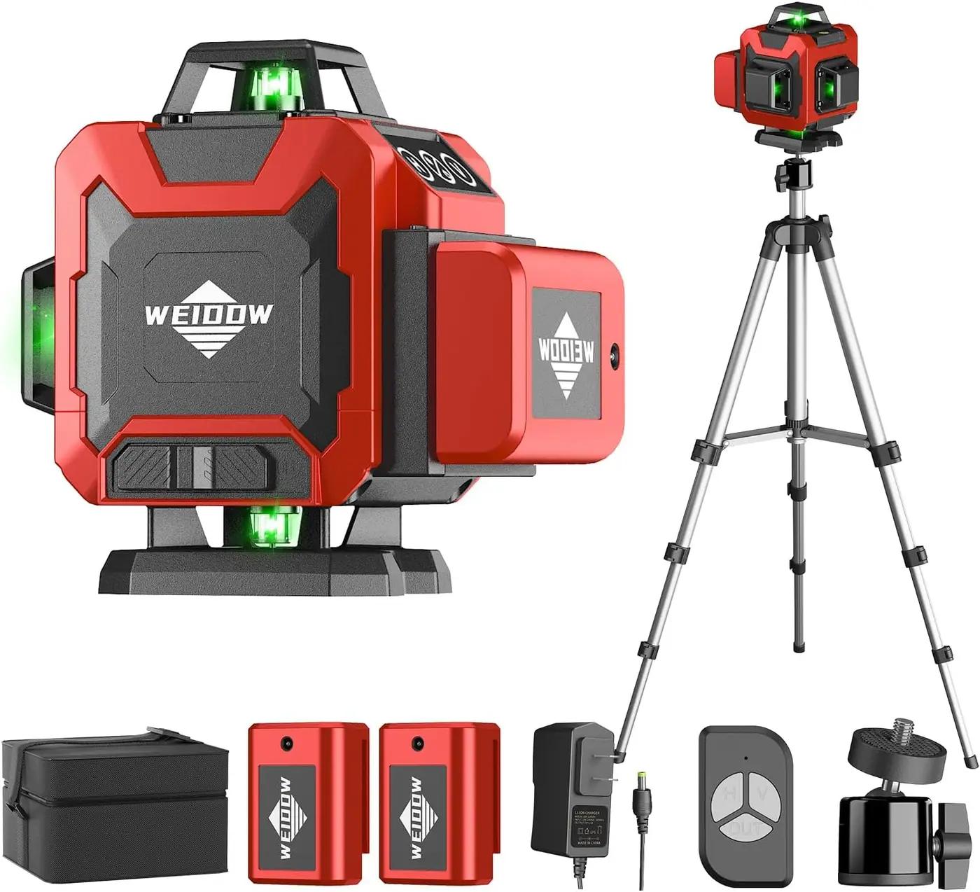 weiddw Laser Level with Tripod, Self Leveling Laser Level 4x360°, Green Line Laser 4D Laser Leveler Tool with 2Pcs Lithium Batteries for Picture Hanging, Tile, Home Renovation, Indoor