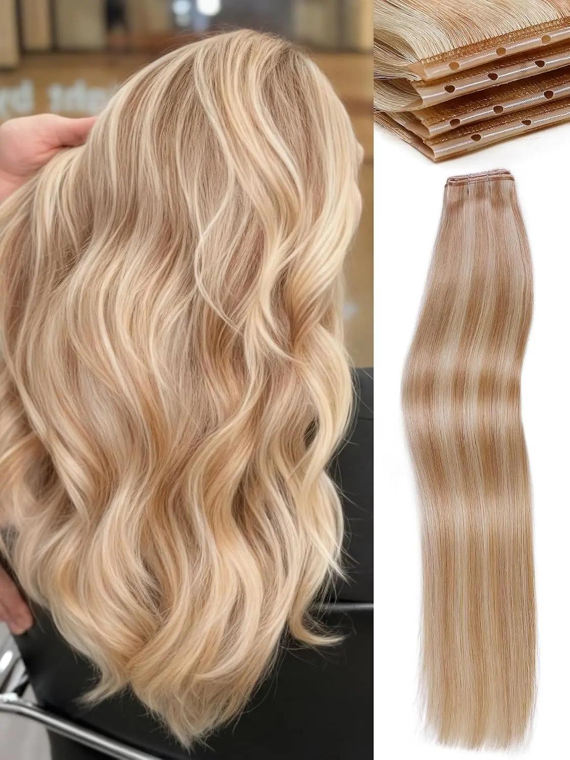 WIGNEE Latest Twin Tab Butterfly Genius OVO Weft Human Hair Extensions Double Invisible Real 100% Remy Human Hair Weft with Micro Bead Hair Extensions100g 18 Inches 2PCS Strawberry Highlight Blonde
