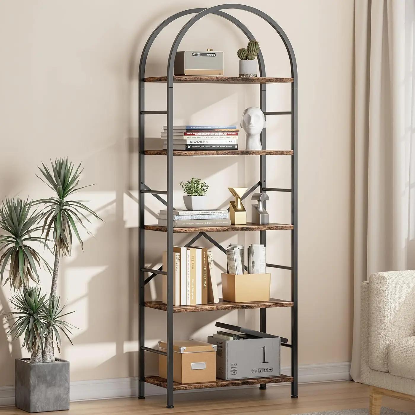 Shintenchi Bookshelf, Arched Bookshelf 5 Tier Bookcase, Tall Shelf for CDs/Books, Home Office Shelf Storage Organizer, Modern Book Shelf for Bedroom/Living Room, Rustic Brown The Forest Stewardship Council