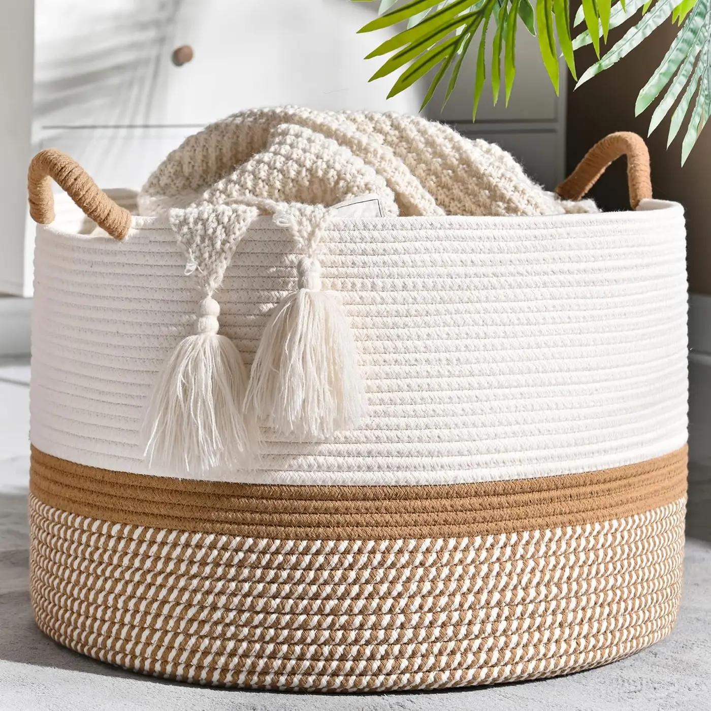 KAKAMAY Large Blanket Basket (20"x13"),Woven Baskets for storage Baby Laundry Hamper, Cotton Rope Blanket Basket for Living Room, Laundry, Nursery, Pillows, Baby Toy chest (White/Brown) Global Recycled Standard