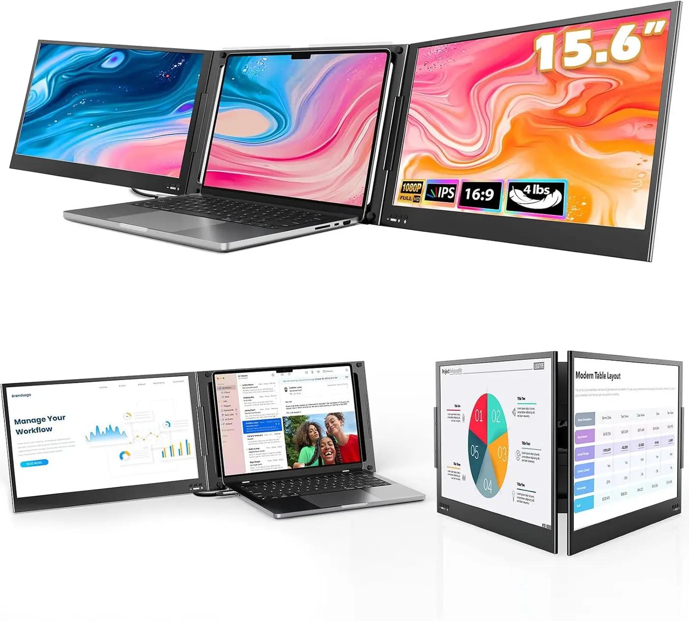 QQH Laptop Screen Extender, 15.6" Triple Portable Monitor with Ultra-Slim FHD IPS Display, One Cable USB-C Monitor Extender Compatible with MacOS, Windows, Android for 12-16" Laptop (Driver Need)