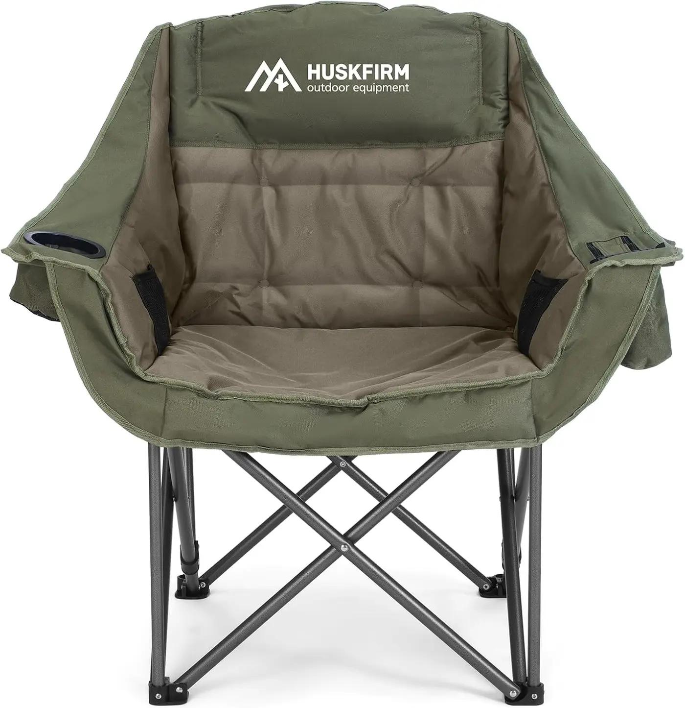 Huskfirm Oversized Camping Chair Padded Camping Chairs Heavy-Duty Foldable Camping Chairs with Cup Holder and Cooler Bag Portable Lawn Chair for Sports Outdoors-Support 450LBS, Green