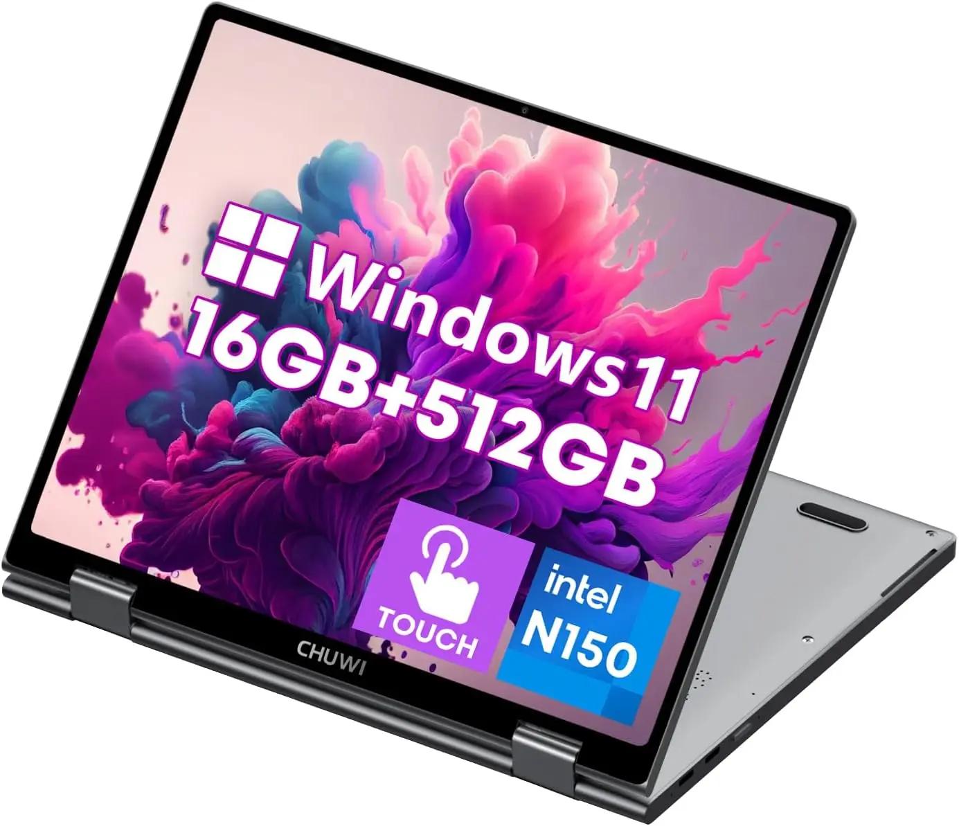 CHUWI 2-in-1 Touchscreen Laptop 10.51'', 16GB RAM 512GB SSD, Intel N150, Windows 11, Portable Mini Laptop, 2K FHD IPS Display, Backlit Keyboard, WiFi 6, BT 5.2, Camera, USB-C