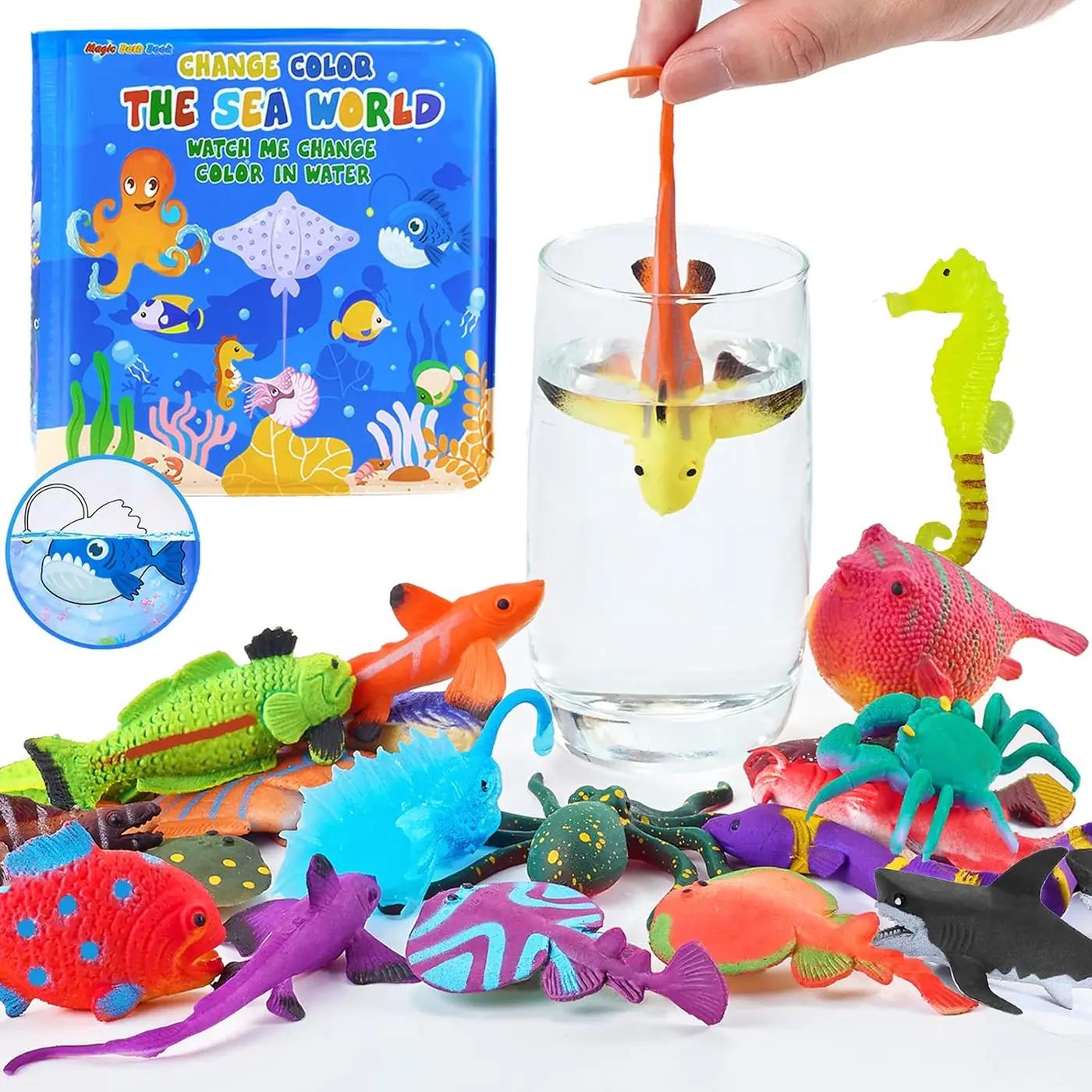 Color Changing No Hole Bath Toys for Kids Toddlers, Color Change Water Table Bathtub Toys Sea Creatures Rubber Fish for Kids &amp; 2 Glow in The Dark Ocean Animal with Bath Book