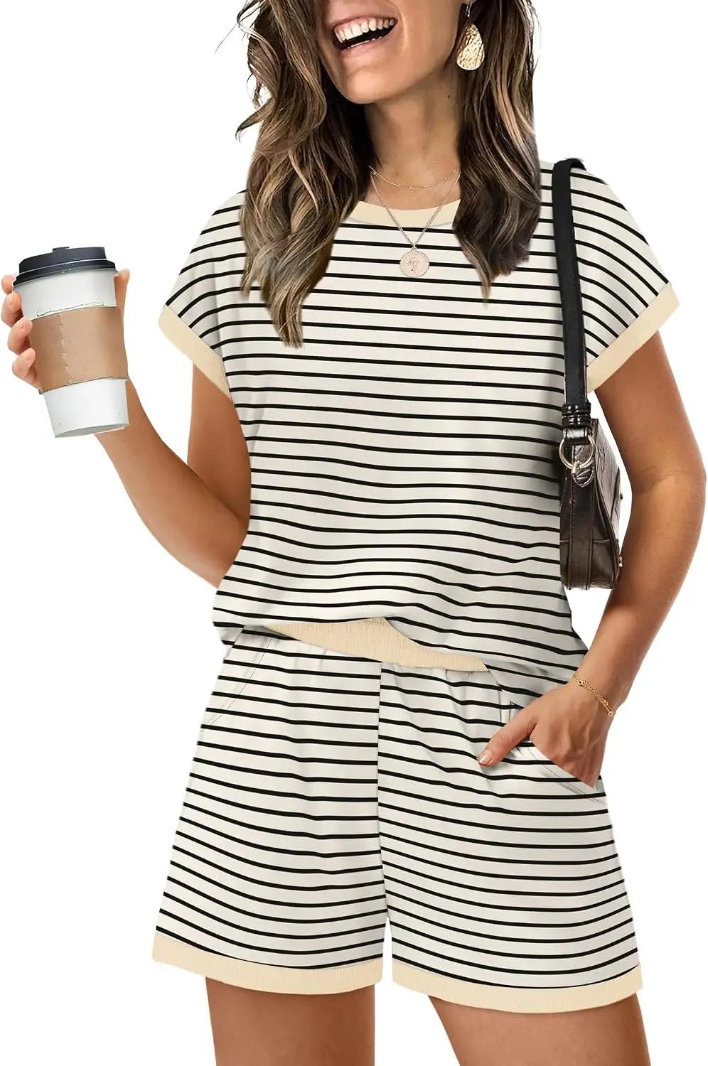 WIHOLL Two Piece Sets for Women Summer Lounge Short Sets Cap Sleeve Crew Neck Sweatsuit with Pocket XS-2XL OEKO-TEX STANDARD 100