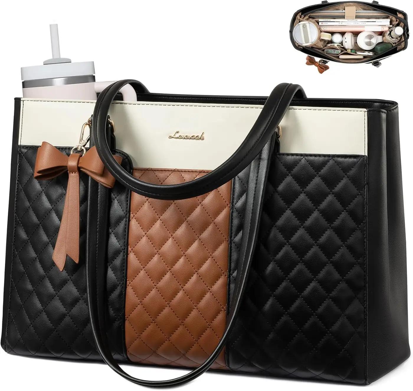 LOVEVOOK LOVEVOOK Laptop Tote Bag for Women,15.6 Inch Work Bags PU Leather Teacher Tote Bag,Waterproof Quilted Computer Bag for Office Professional Briefcase Gifts