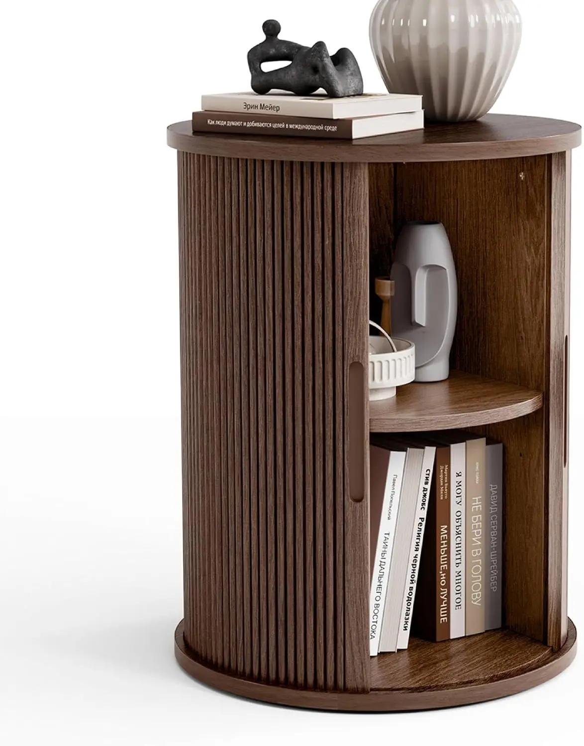 LINSY HOME Round Fluted End Table, Tall Side Table with Sliding Tambour Door and Storage Shelf, Modern Bedside Table, Mid-Century Nightstand for Living Room, Bedroom, Walnut