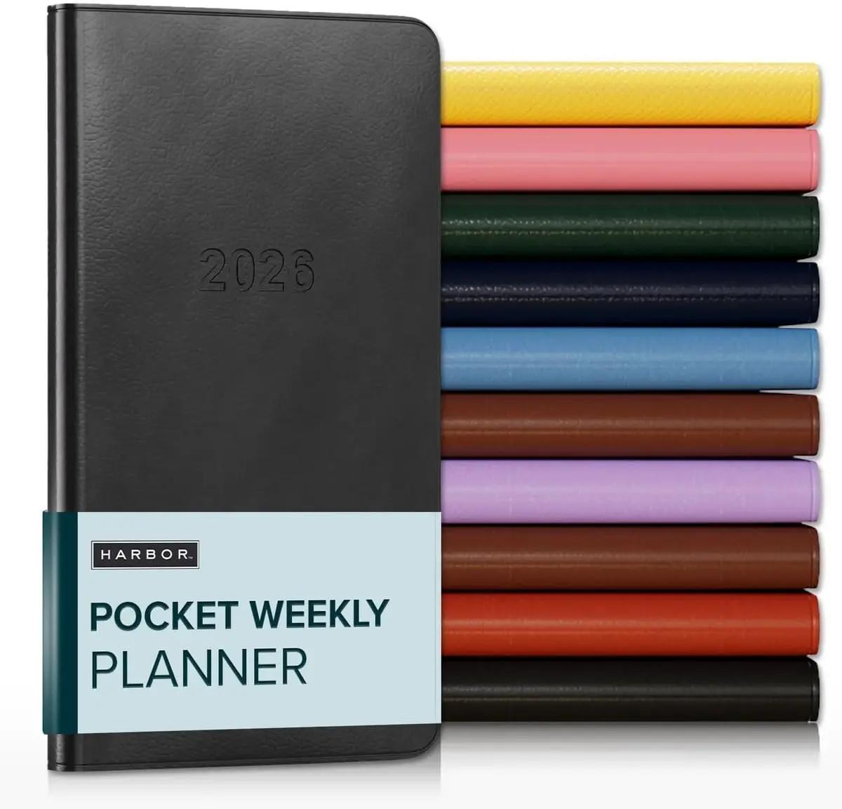 Harbor Pocket Weekly Monthly Planner 2025-2026, Calendar Planner and Notebook, Durable Faux Leather, 192 Pages, Softcover &amp; Book Bound - Cambridge Black - 6 x 3.25 "