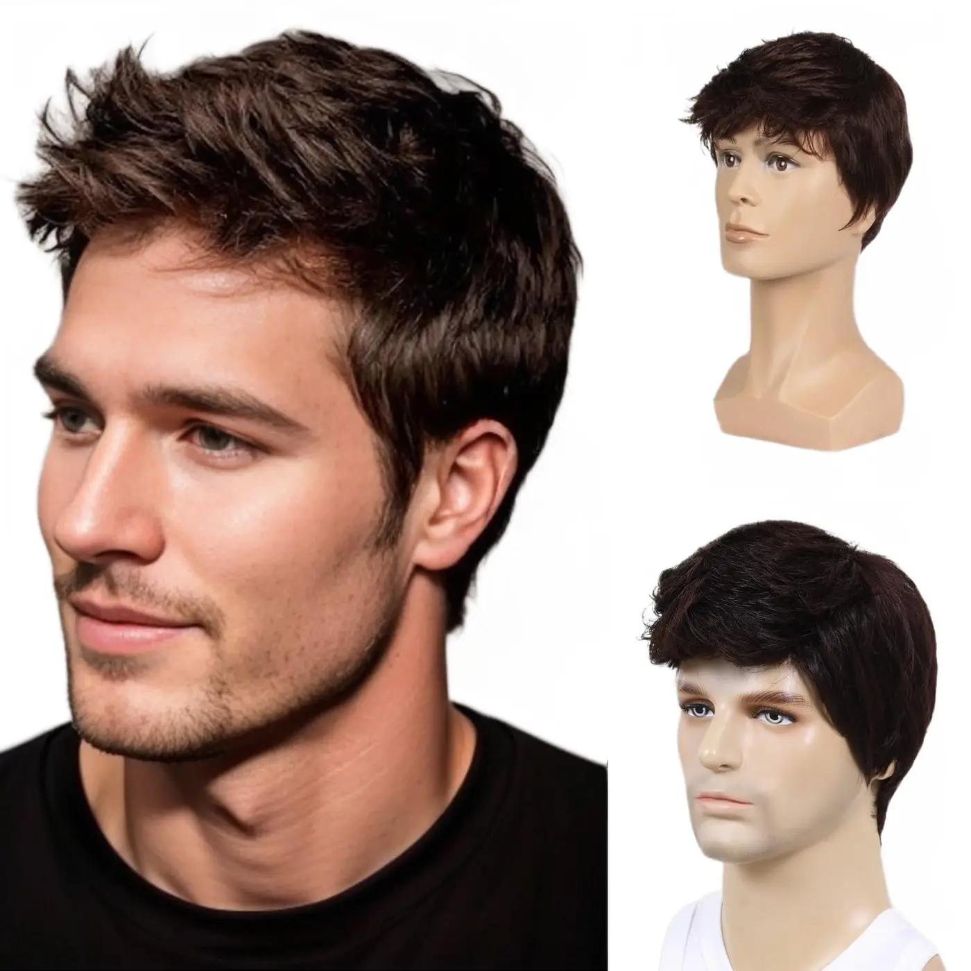 Men Short Brown Wig Handsome Male Daily Costume Synthetic Full Wigs Natural Brown Hair Replacement Wig(Fit 21inch-22.5inch Head Circumference)