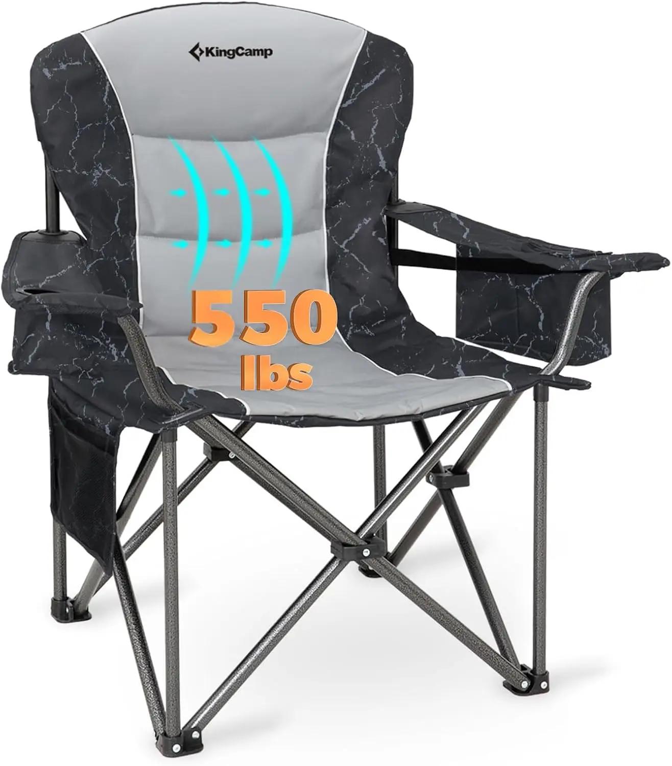 KingCamp Oversized Camping Chair with Adjustable Lumbar Support, 550lbs Heavy Duty Padded Folding Lawn Chair for Adults, Outdoor Armchair with Cooler Bag, Cup Holder &amp; Side Pocket for Fishing, Travel Global Recycled Standard