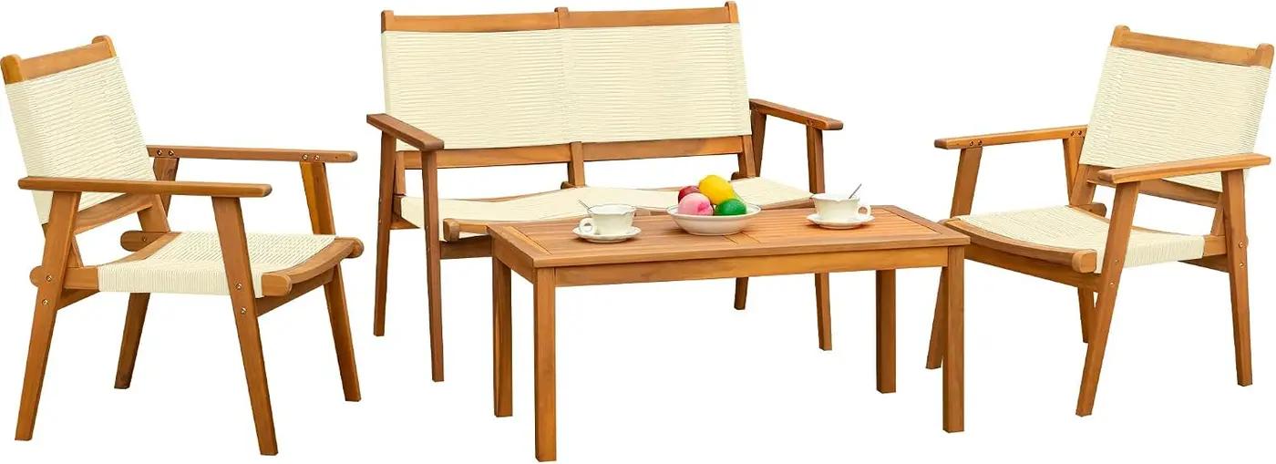 Devoko 4 Pieces Acacia Wood Patio Conversation Sets, Patio Furniture Set with Hand Woven Rope Seats and Back, Outdoor Chair and Table Set for 4 for Balcony, Backyard, Deck, Poolside